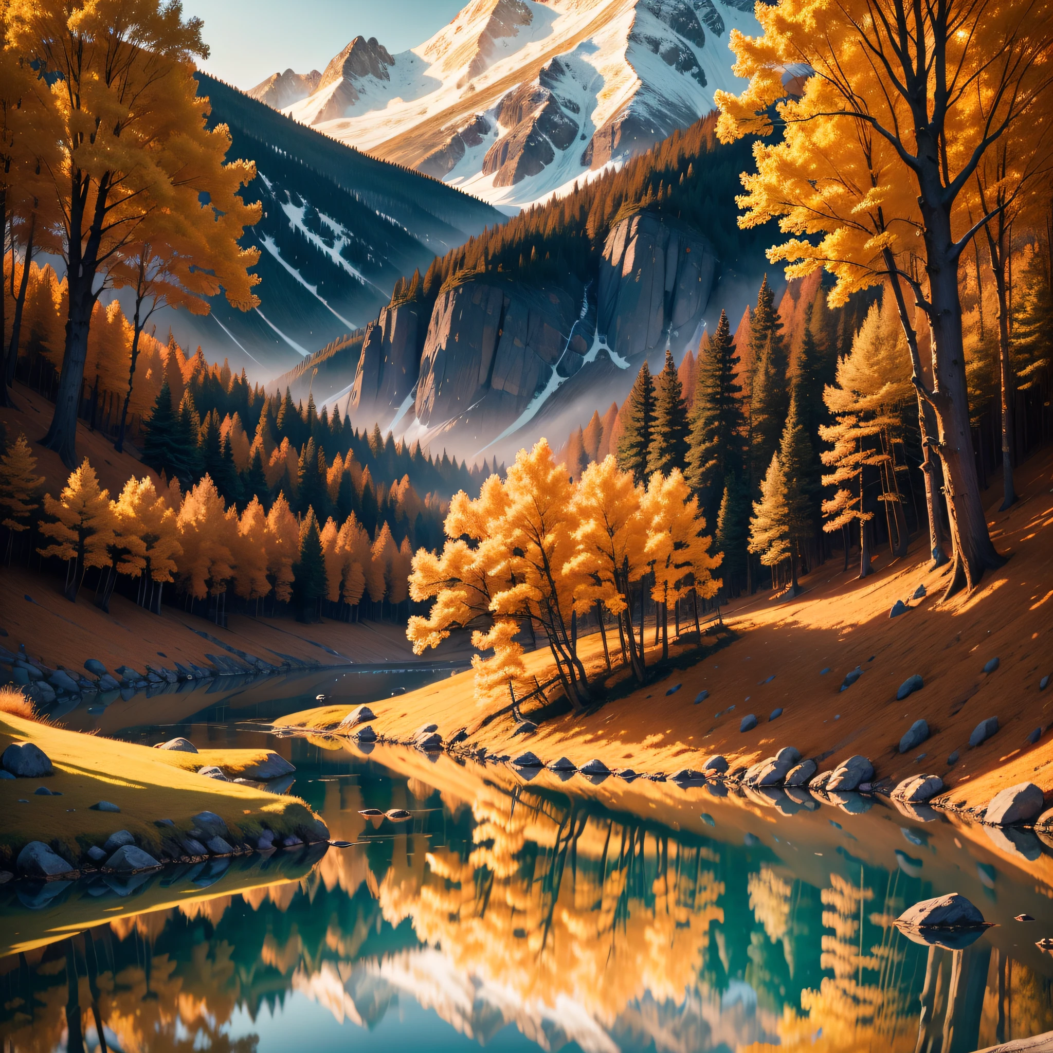 (best quality, highres:1.2),vivid autumn landscape,falling leaves,tranquil atmosphere,sunlight filtering through branches,peaceful nature,scenic view of mountains,beautiful orange hues,reflective lake,serene ambiance,crisp air,majestic trees,gentle breeze,autumn colors,serene atmosphere,peaceful surroundings,natural beauty,breathtaking scenery,hint of mist,remote location,remote cabin,hidden path,serene lake,unspoiled nature,twinkling stars in the sky,natural tranquility,warm golden light,tranquil getaway,solitary hike,serenity at its finest,serene reflection in the water,colorful foliage,quietude of the forest,calm and peaceful escape,nature's beauty revealed,serene retreat amidst nature's palette,vibrant autumnal colors,peaceful solitude,serene and tranquil landscape,unforgettable autumn experience,enchanted forest bathed in golden light,magic of the changing seasons,delicate beauty of the autumn leaves.