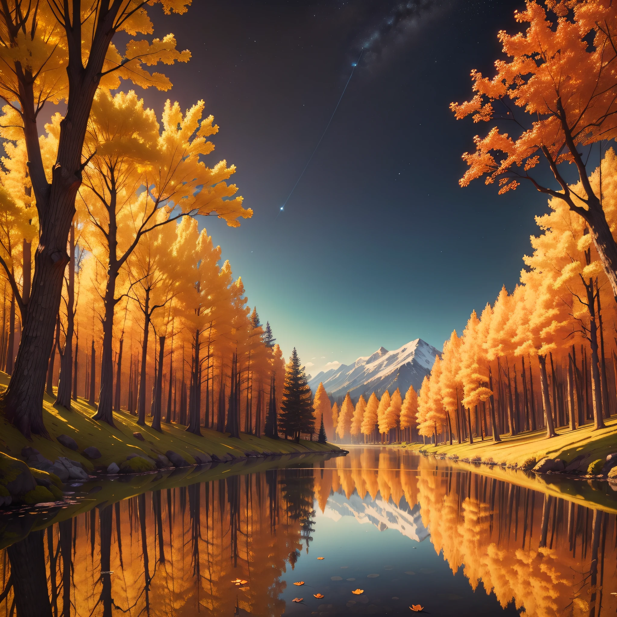(best quality, highres:1.2),vivid autumn landscape,falling leaves,tranquil atmosphere,sunlight filtering through branches,peaceful nature,scenic view of mountains,beautiful orange hues,reflective lake,serene ambiance,crisp air,majestic trees,gentle breeze,autumn colors,serene atmosphere,peaceful surroundings,natural beauty,breathtaking scenery,hint of mist,remote location,remote cabin,hidden path,serene lake,unspoiled nature,twinkling stars in the sky,natural tranquility,warm golden light,tranquil getaway,solitary hike,serenity at its finest,serene reflection in the water,colorful foliage,quietude of the forest,calm and peaceful escape,nature's beauty revealed,serene retreat amidst nature's palette,vibrant autumnal colors,peaceful solitude,serene and tranquil landscape,unforgettable autumn experience,enchanted forest bathed in golden light,magic of the changing seasons,delicate beauty of the autumn leaves.