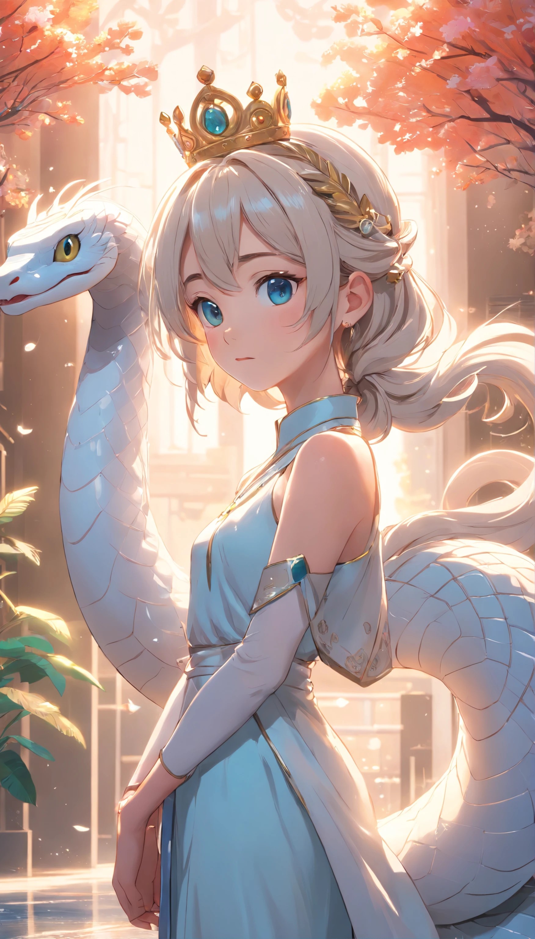 Pixar style super cute anthropomorphic White Snake, wearing hanfu and crystal crown, standing, charming big eyes, lovely tail, standing, surreal, super fine, luxurious, elegant standing, charming big eyes, lovely tail, standing, surreal, super detailed, luxurious, elegant, complex, gorgeous, illusory engine, octane rendering, 8K, VRAY surrealism