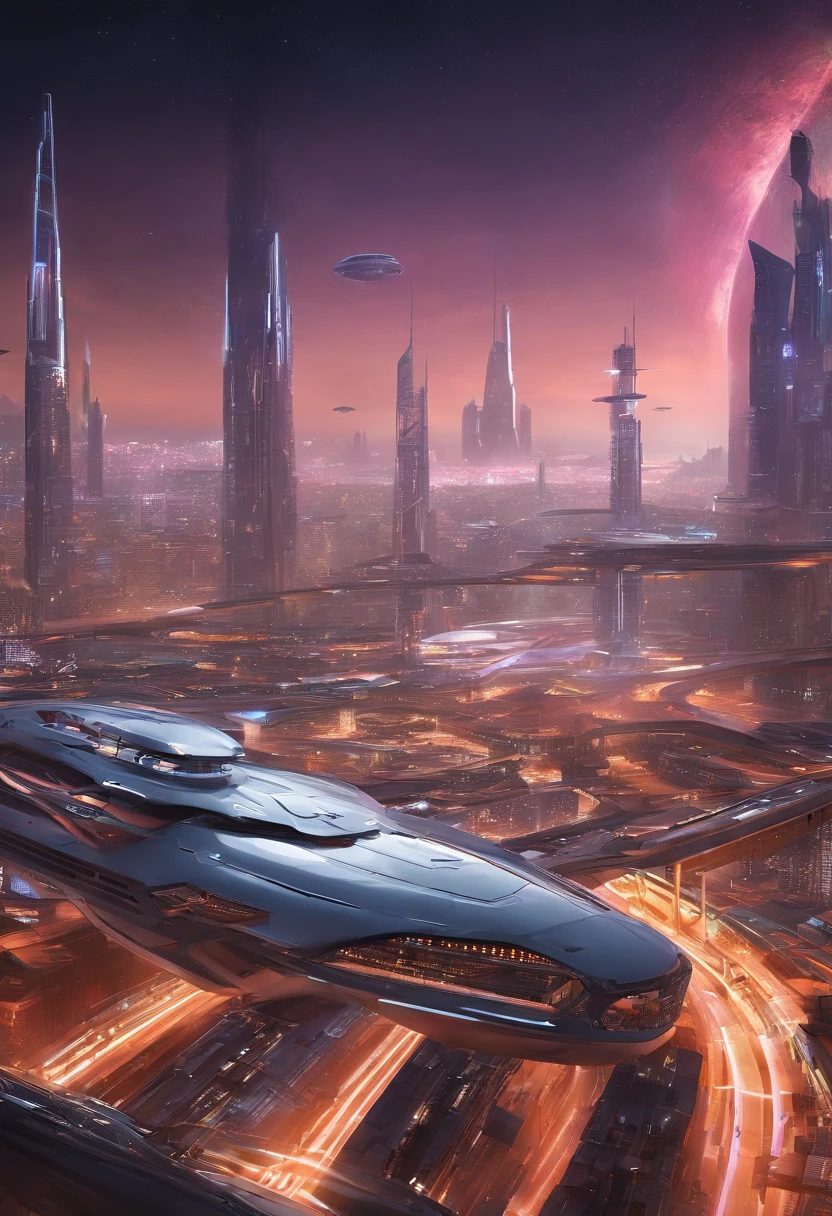 Futuristic city with futuristic train and futuristic architecture at night, Conceptual art of the future, Another word: futuristic city, In fantasy sci-fi - City of Fi:, beautiful city of the future, futuristic utopian city, 8k resolution concept art, 8k resolution concept art, The future city, futuristic space port, concept art 8 k, Hollywood science fiction concept art