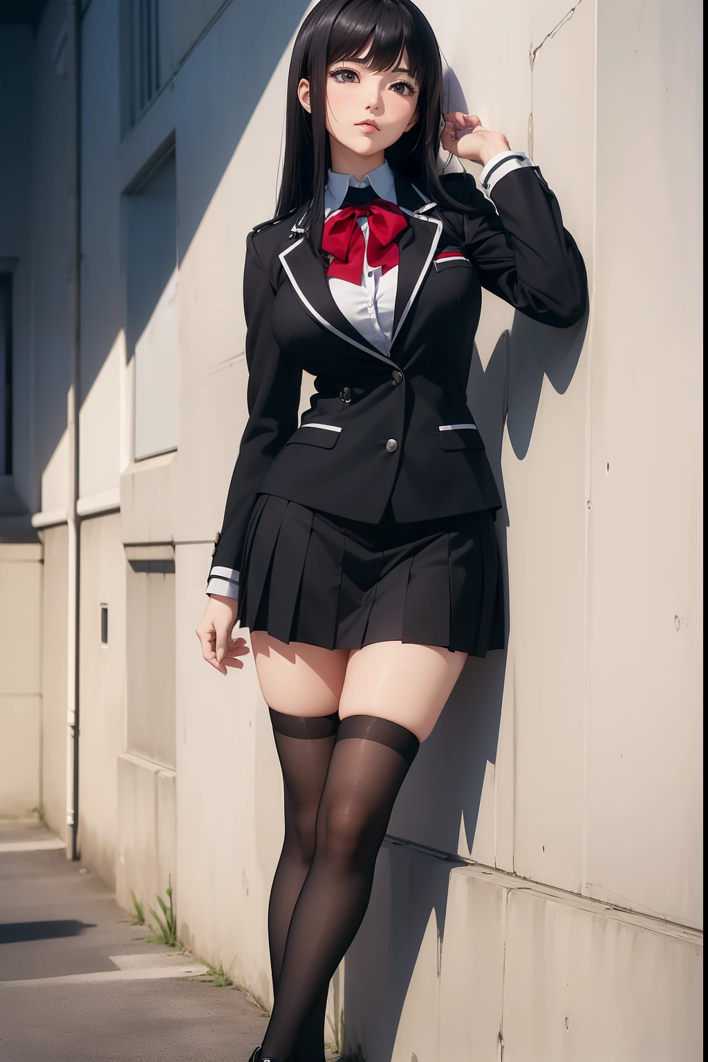 (masterpiece, best quality, ultra-detailed, 8k, wallpaper, photorealistic), (wide shot, full body, side view), ((leaning on the wall)), beautiful girl, voluptuous body, perfect hands, perfect anatomy, large cleavage, long round legs, round ass, ((sexy anime girl as Yumeko Jabami)), ((wears the standard uniform issued to female students at Hyakkaou Private Academy: a red blazer with black trim lining the cuffs and collar, white button-up dress shirt and black tie, a black and grey checkered mini skirt, black tights, and brown loafers)), ((long thick black hair styled in a hime-cut)), ((wears a silver ring on her left thumb)), ((standing while one hand on his head and one hand on her waist)), ((dynamic background))