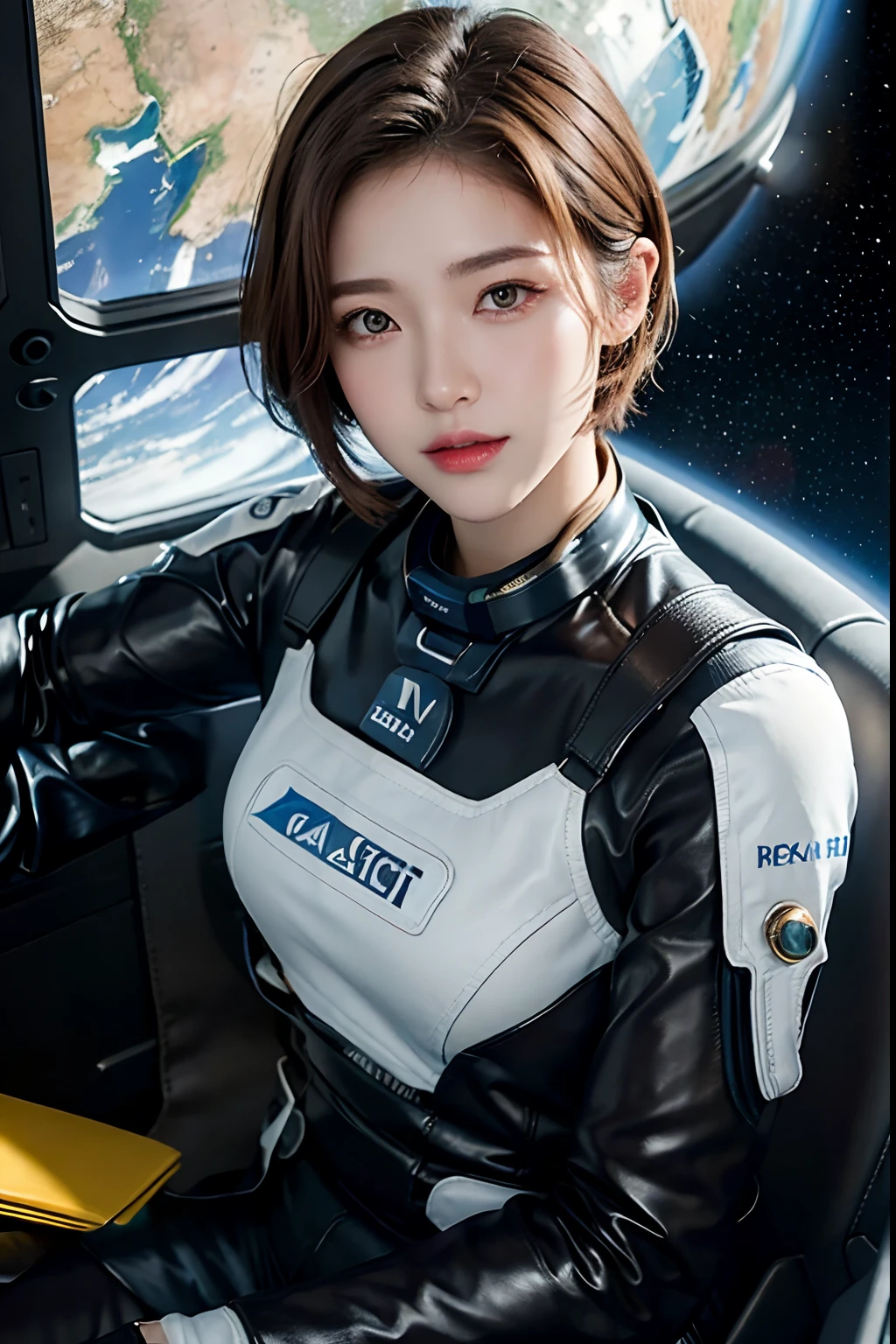 top-quality、masterpiece、超A high resolution、(realisitic:1.4)、Beautuful Women1、Beautiful detail eyes and skin、ssmile、Light brown short-cut hair、The perfect spacesuit、spaceships、cockpit、cosmic space、