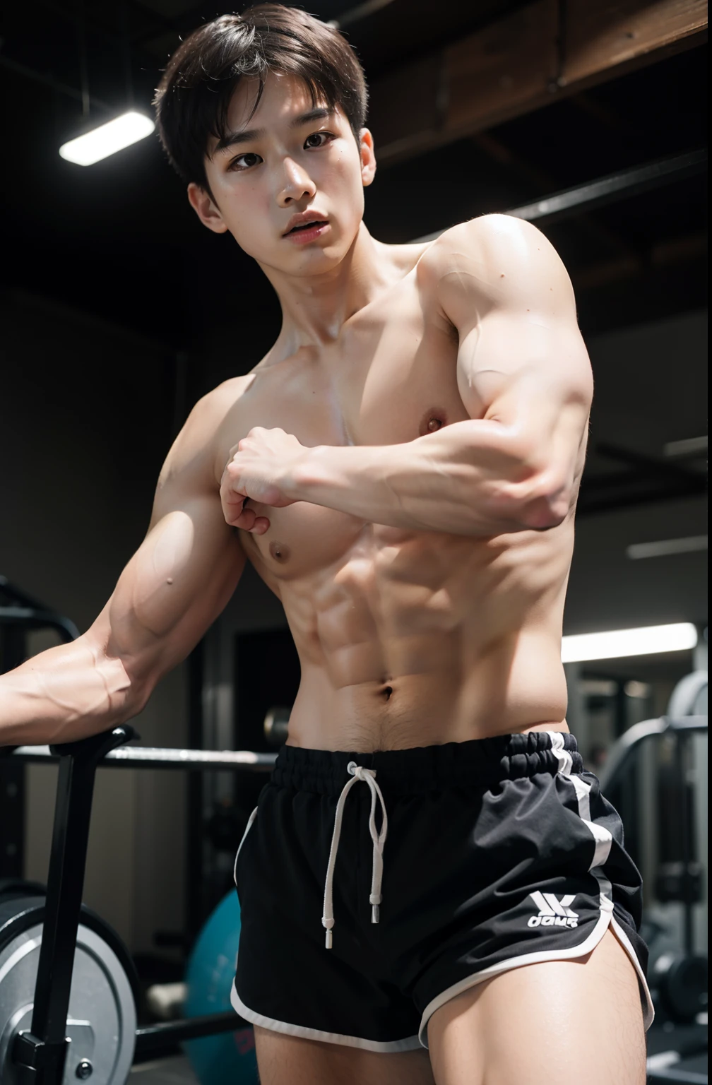 Best quality, super high resolution, (realistic: 1.4), bust photo, gym, 1 asian boy, standing, gym clothes, short hair, upper body naked, muscles, shorts, yang yang, (looking at the audience), (close-up)
