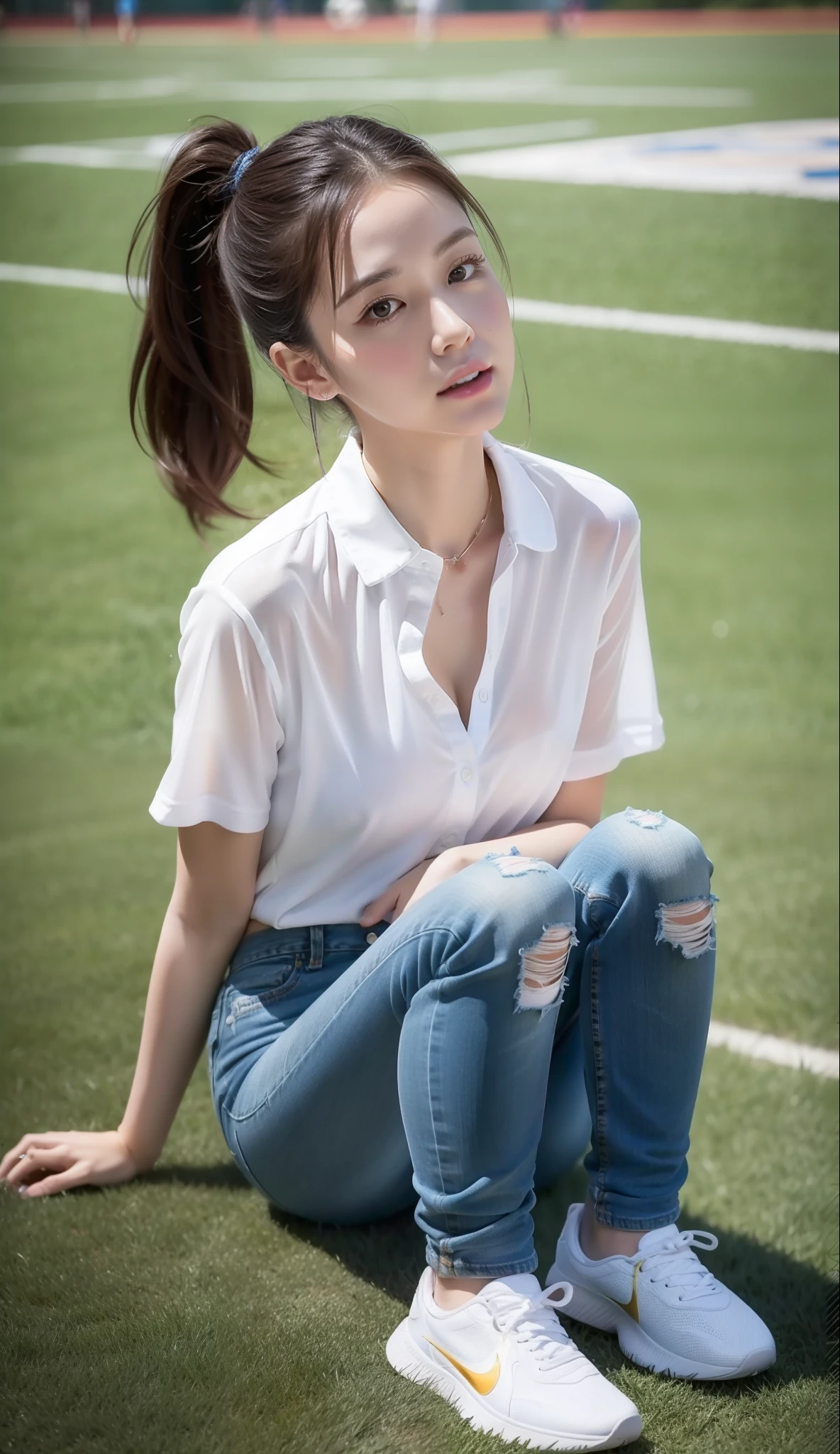 Ultra-high quality photos,A high resolution,16K,1 very beautiful female high school student,Wear a white button-down sheer shirt and low-rise jeans(Super detailed costumes:1.5),Play with the ball on the grass of the football field,(On the grass:1.02),Super high value,perfect body figure,Beautiful short ponytail,Delicate hair,Fair face and skin,Beads of sweat on the forehead,Have fun on the playground,(((The chest is huge))),Breasts are full and straight:1.5,(The clothes on the chest are high and bulging, Tightness and bulging:1.5),Delicate fair and soft toes,White and delicate fingers,(Delicate sneakers:1.5),Focus on the chest,fully body photo:1.8