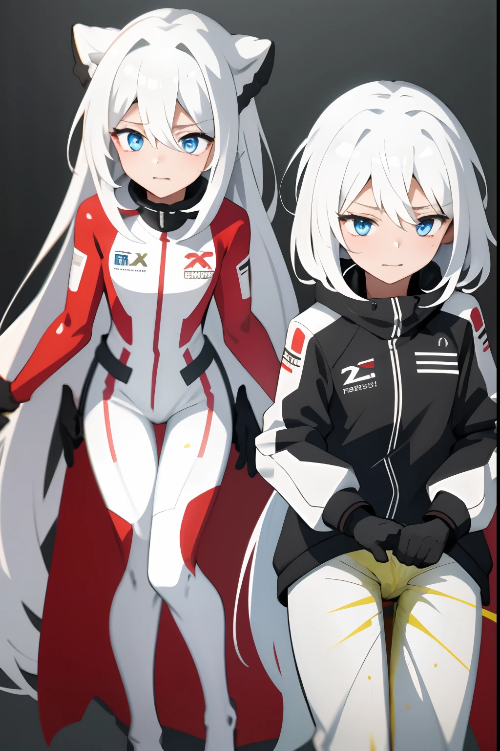 The two girls have no background，Long pure white hair，White skinny racing suit，Be red in the face，pretty eyes（Girl leaking urine），leaked pee