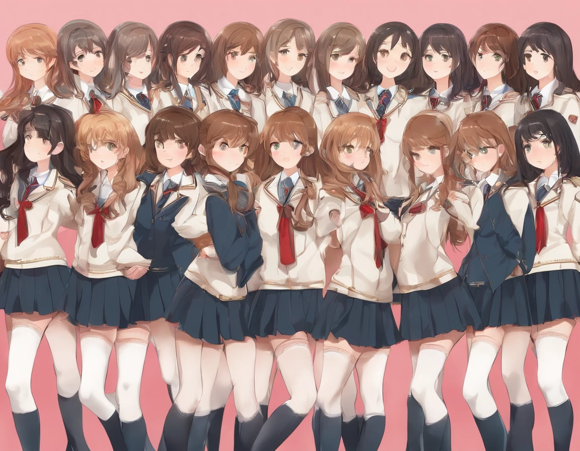 pantyhose, {{panties under pantyhose}}, lineup, 10girls, from side,  looking at viewer, blush, school uniform,