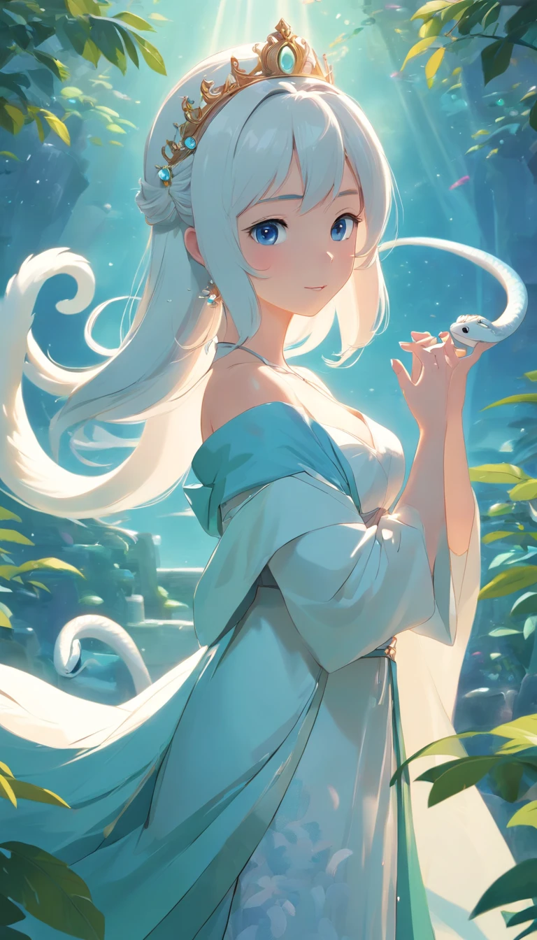 Pixar style super cute anthropomorphic White Snake, wearing hanfu and crystal crown, standing, charming big eyes, lovely tail, standing, surreal, super fine, luxurious, elegant standing, charming big eyes, lovely tail, standing, surreal, super detailed, luxurious, elegant, complex, gorgeous, illusory engine, octane rendering, 8K, VRAY surrealism