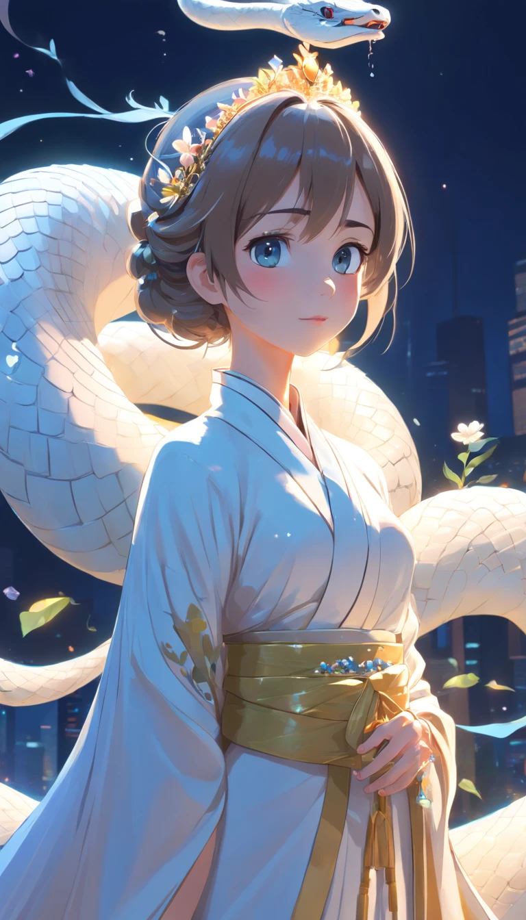 Pixar style super cute anthropomorphic White Snake， wearing hanfu and crystal crown, standing, charming big eyes, lovely tail, standing, surreal, super fine, luxurious, elegant standing, charming big eyes, lovely tail, standing, surreal, super detailed, luxurious, elegant, complex, gorgeous, illusory engine, octane rendering, 8K, VRAY surrealism