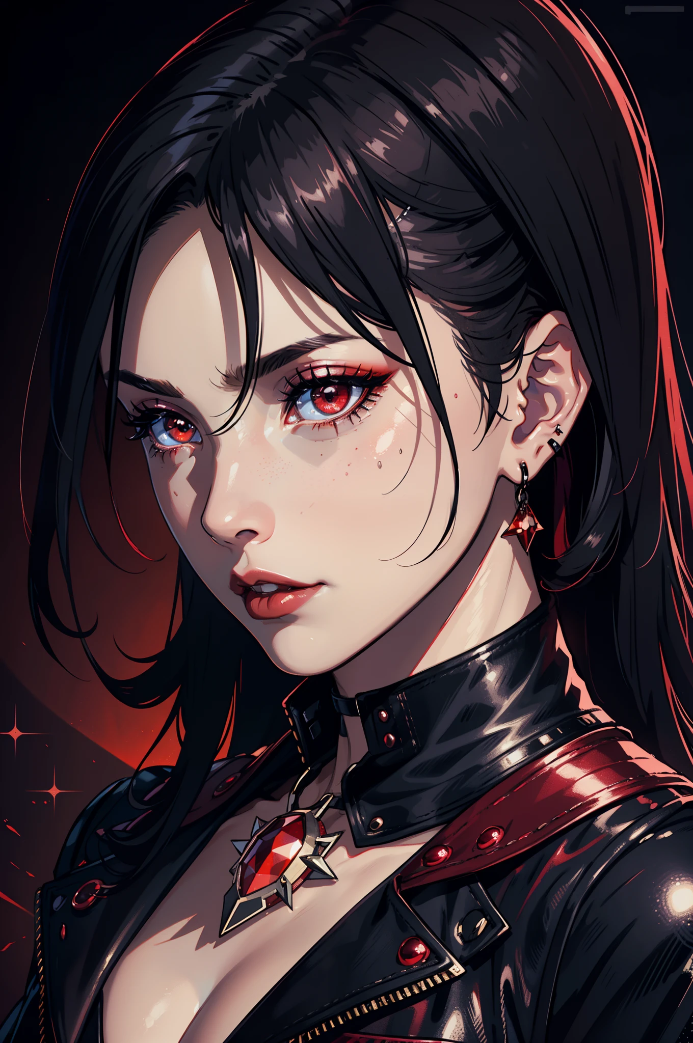 1boy, (close up face, masterpiece, best quality:1.2), 8k, official art, absurdres, gothic, studded black leather jacket and choker, pierced earrings, (smokey red eye shadow with glitter, glazed pinkish red lips:1.1), (very dark red background:1.4), HDR, facelight, ultra realistic, highres, photography, film grain, chromatic aberration, sharp focus, HDR, facelight, dynamic lighting, cinematic lighting, professional shadow, dark shadow, highest detailed, extreme detailed, ultra detailed, finely detail, real skin, delicate facial features, detailed face and eyes, sharp pupils, realistic pupils, (black hair:1.4)