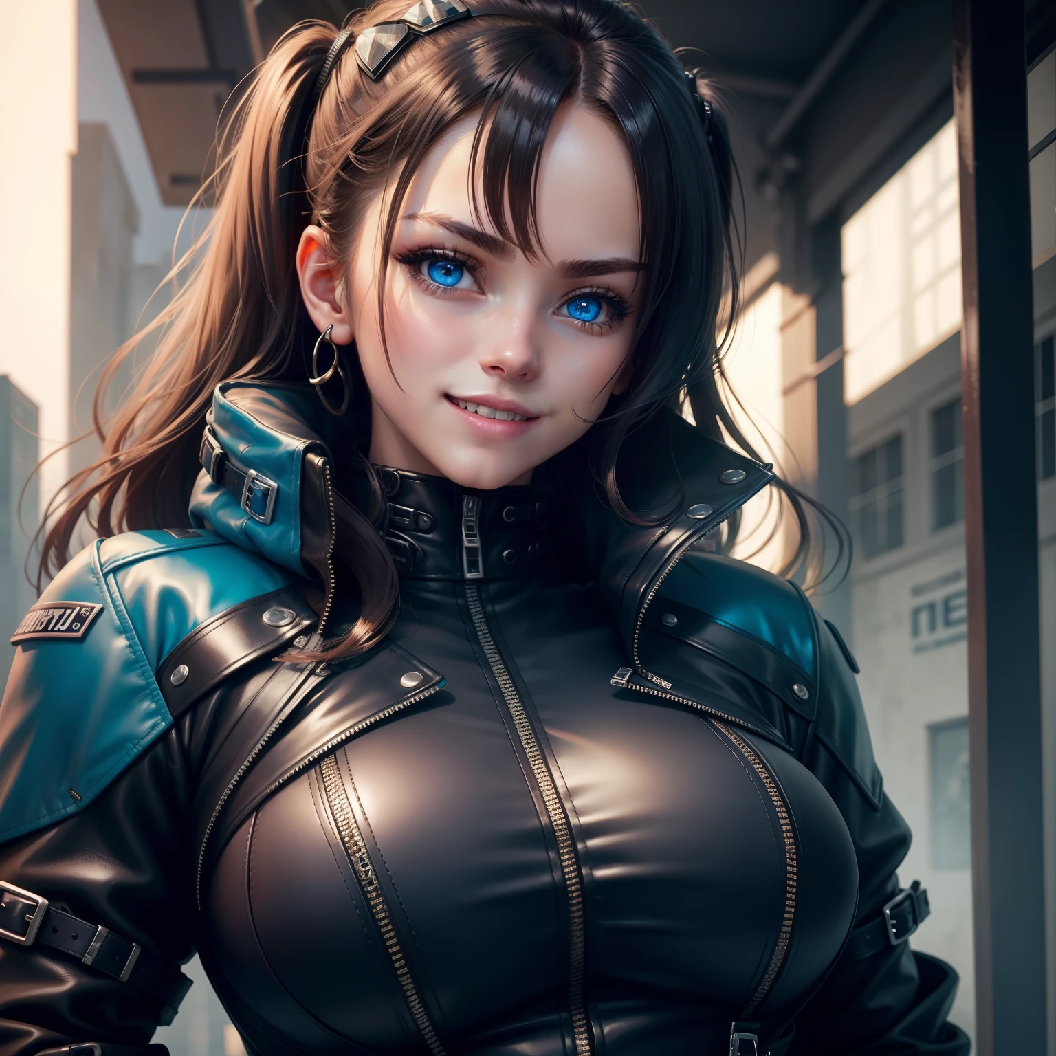 leather jackets、wearing leather jacket cyberpunked、girl with A smile、、beautiful a girl、top-quality、masterpiece、High-definition images、Colossal tits、hyperdetailed face、blue eyess、Leather pants、a beauty girl、real looking skin