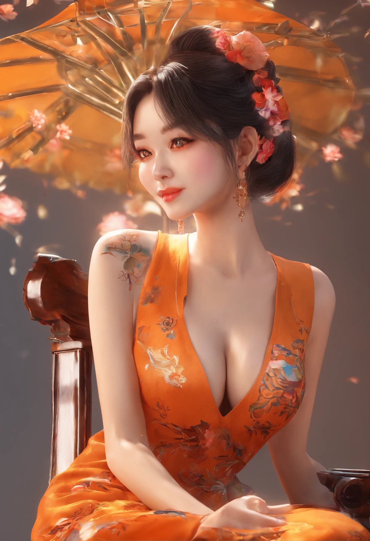 A woman holding an orange cat,Wearing an gold ink-painted cheongsam,The fullness and enchantment of the mature woman are undoubtedly revealed,A well-maintained beautiful face is firm and fair,With light makeup,The temperament is quiet and elegant,semi transparent, gigantic breasts, showing cleavage, full body shot camera angle, lotus tattoo on forehead, sexy body: 1.4, Slim abdomen: 1.2, sitting on chair, gigantic deep cleavage, open shirt,
