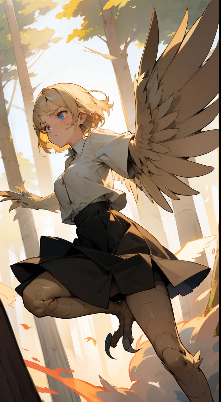 1girl,solo,serious face,white shirt,black skirt,medium tits,light blonde hair,short hair,blue eyes,harpy,(((light blonde wings))),claws,no arms,attacking(((flying in a forest burning)))