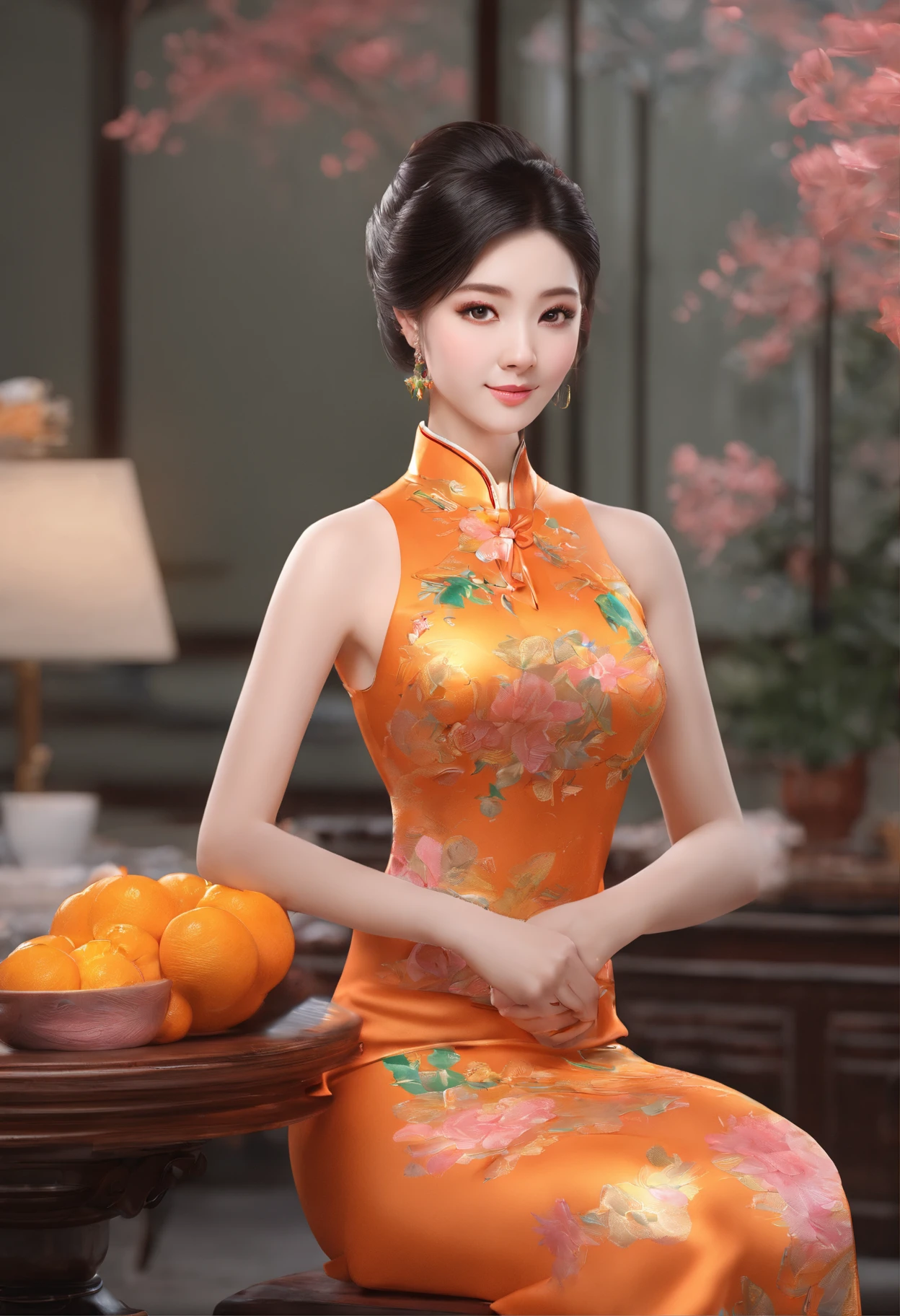 A woman holding an orange cat,Wearing an gold ink-painted cheongsam,The fullness and enchantment of the mature woman are undoubtedly revealed,A well-maintained beautiful face is firm and fair,With light makeup,The temperament is quiet and elegant,semi transparent, gigantic breasts, showing cleavage, full body shot camera angle, lotus tattoo on forehead, sexy body: 1.4, Slim abdomen: 1.2, sitting on chair, gigantic deep cleavage, open shirt,
