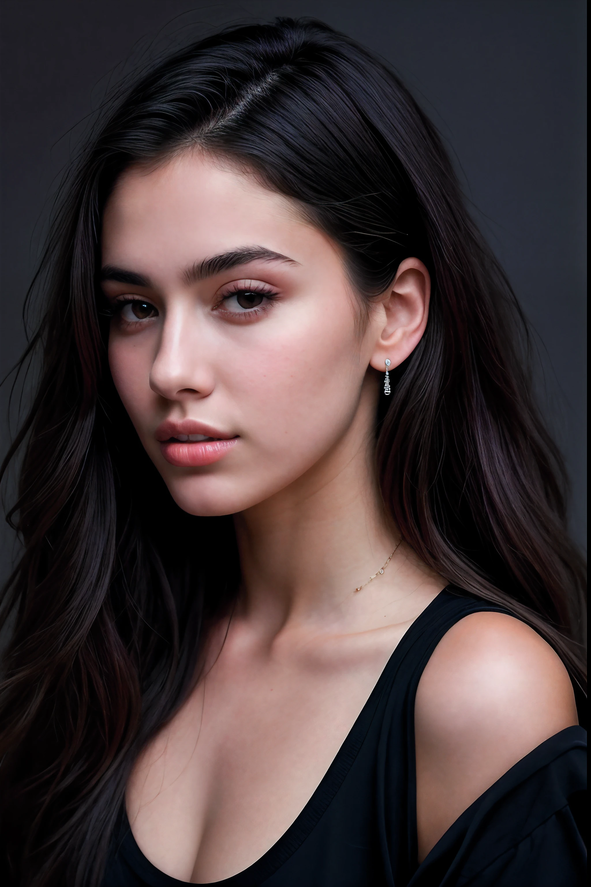 arafed id photo of a woman with long hair and a black shirt, a photorealistic painting by irakli nadar, tumblr, digital art, beautiful girl model, beautiful model girl, gorgeous attractive face, very beautiful portrait, gorgeous young model, beautiful female model, extremely beautiful face, madison beer girl portrait, portrait of a beautiful model, photo of a beautiful woman