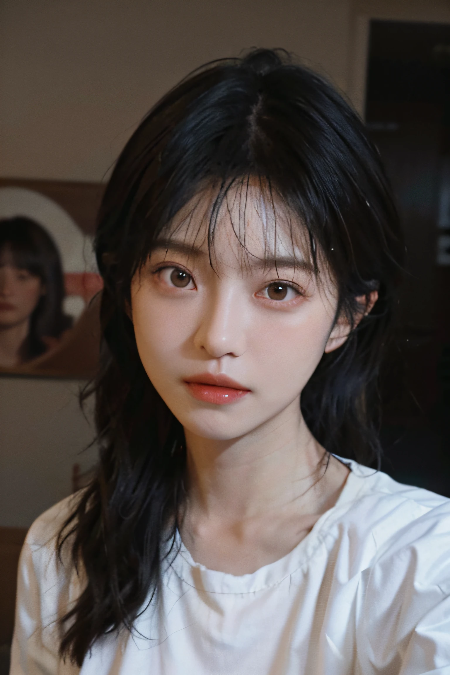 8k, RAW Photo, Best Quality, Masterpiece, High Detail RAW Color Photo, Professional Photo, (Realistic, Photorealistic Photorealism: 1.37), (High Detail Skin: 1.2), High Resolution, Beautiful Detailed Eyes, (Hard Focus: 1.4), (Clear Focus: 1.4), Realistic, (8K UHD: 1.2), Realistic High Quality Shadows, Split Lips, Slender Face, (Wavy Hair), Half Top Knot, Crown Braid, Pink Eye Color, Suggestive Look, (Extreme Facial Close-up) , pov, ((((depth of field))), pale and shiny skin, cropped draped collar shirt, 30 years old, buruma, roof, bokeh, lens flare, (vignetting: 0.8), dramatic lighting, cinematic lighting, backlighting, professional lighting, physically based rendering, ulzzang-6500-v1.1, pureerosface_v1.