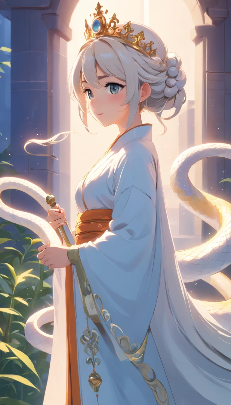 Pixar style super cute anthropomorphic White Snake, wearing hanfu and crystal crown, standing, charming big eyes, lovely tail, standing, surreal, super fine, luxurious, elegant standing, charming big eyes, lovely tail, standing, surreal, super detailed, luxurious, elegant, complex, gorgeous, illusory engine, octane rendering, 8K, VRAY surrealism