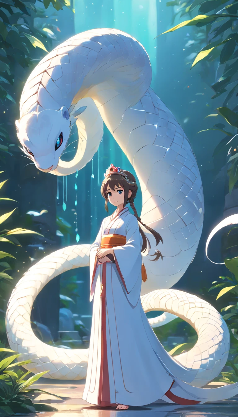 Pixar style super cute anthropomorphic White Snake， wearing hanfu and crystal crown, standing, charming big eyes, lovely tail, standing, surreal, super fine, luxurious, elegant standing, charming big eyes, lovely tail, standing, surreal, super detailed, luxurious, elegant, complex, gorgeous, illusory engine, octane rendering, 8K, VRAY surrealism