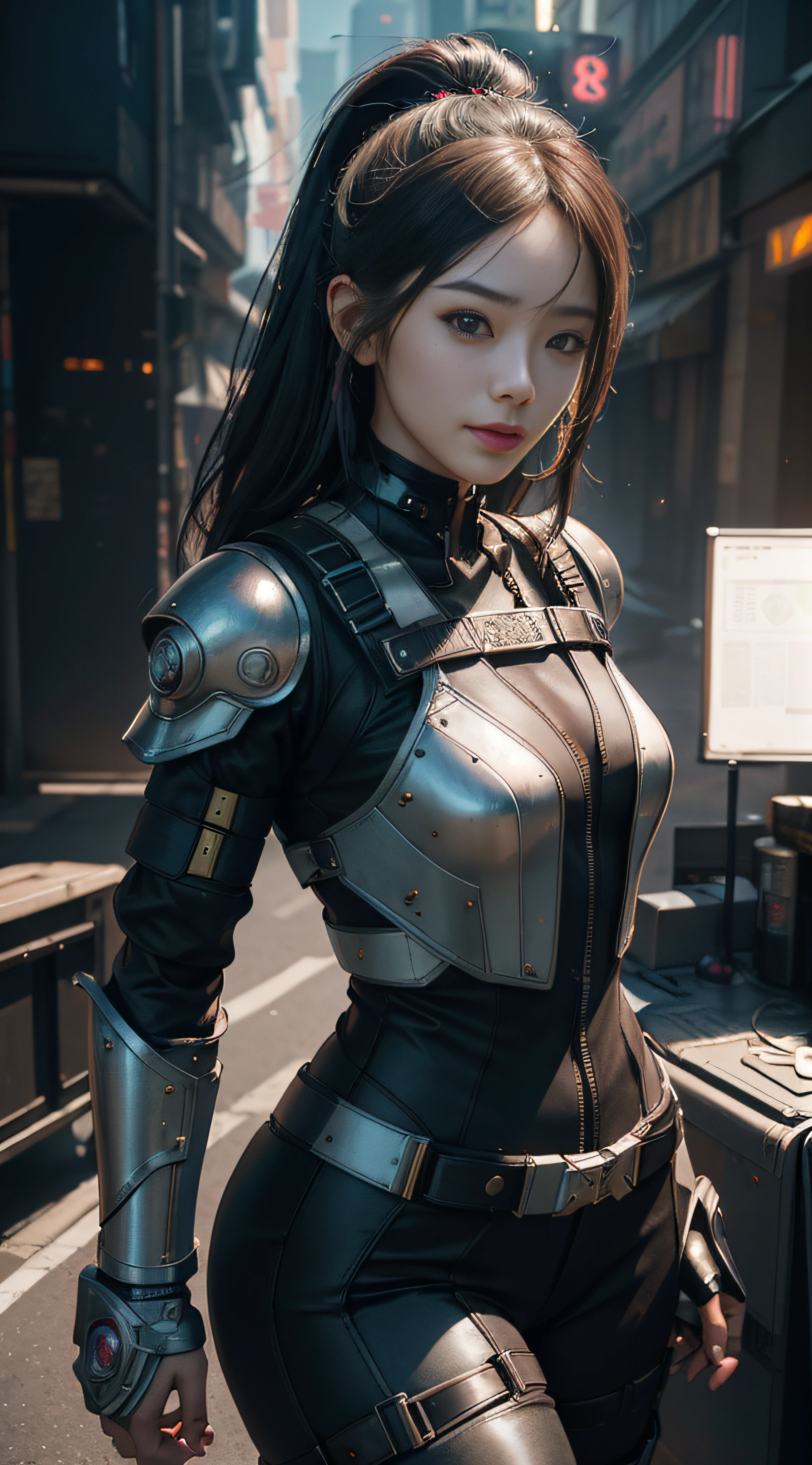 Beautiful hyperrealistic photograph of cute smiling asian cyberpunk female, (((wearing full heavy cyberpunk armor, combat harness))) shapeless cyberpunk hairstyle, elegant pose, cyberpunk street background, abstract beauty, near perfection, pure form, Golden Ratio, minimalism, concept art, By Brian Froud and Carne Griffiths and Wadim Kashin, intricate detail, 8k post-production, High resolution, super Detail, trending on ArtStation, sharp focus, studio photos, intricate detail, Very detailed, By Greg Rutkowski