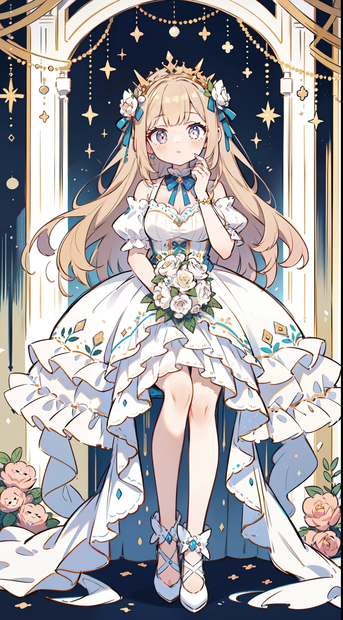 The room is decorated with chairs resembling decorated cakes and a clean pastel color base. woman in dress, Sitting on a chair, Bouquet in hand. Beautiful face and brightly colored glowing eyes. She wears elaborate and delicate ornaments and dresses. Room decorated for a festive party. Detailed drawing. Vivid colors. Legs are out. High image quality.