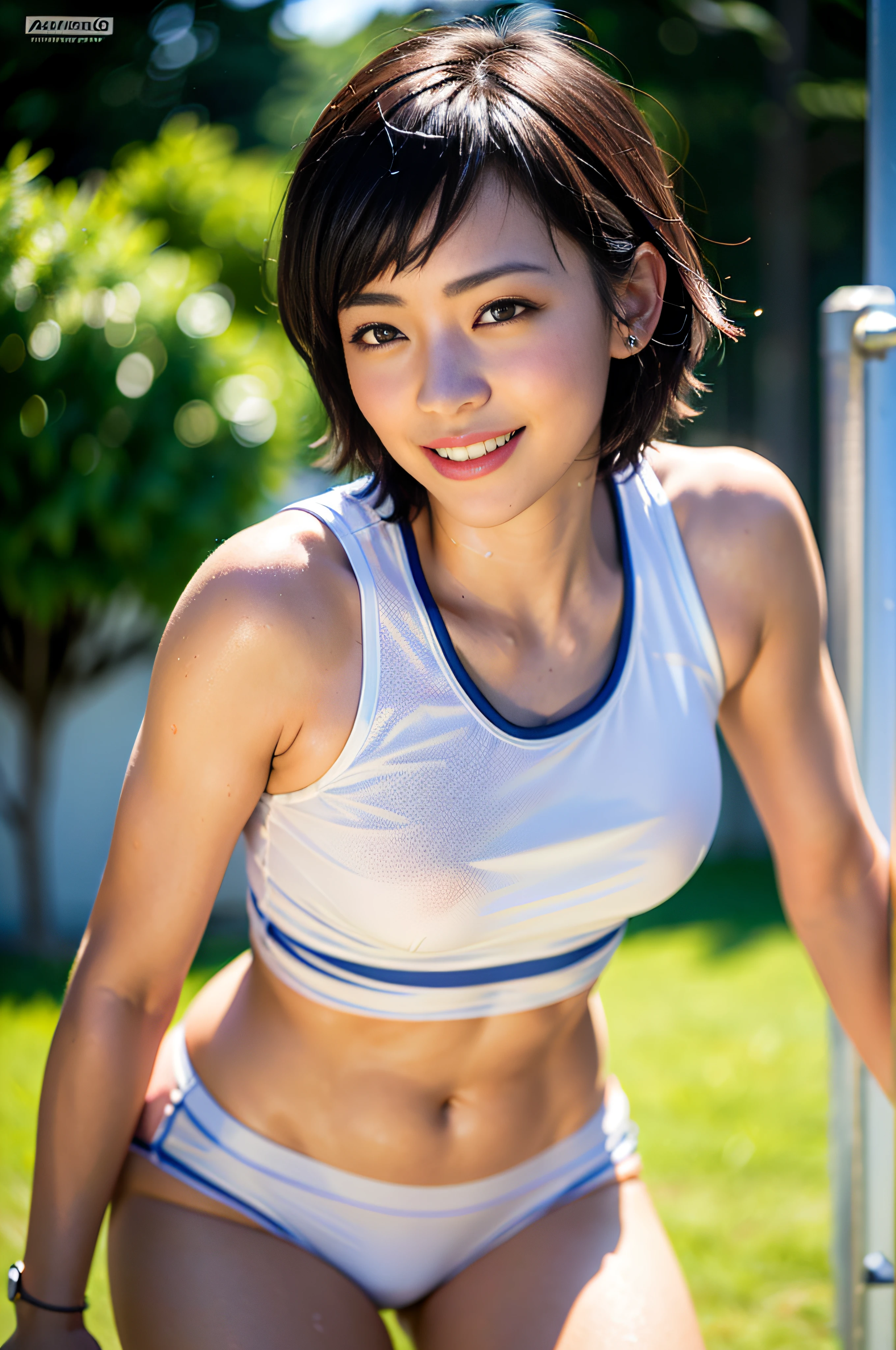 (masutepiece: 1.3), (8K, Photorealsitic, Raw photography, Best Quality: 1.4), A Japanese Lady、Muffin Tops, wide and fat hips, Micro Bikini: 1.2, ultra detail face, Narrow-eyed,drooing eyes, lean forward towards your chest, foco nítido: 1.2, Dark hair, Best Quality, masutepiece, 超A high resolution, (Photorealsitic: 1.4), very detailed and professional lighting smile, Playground background, Track and field athletes doing running, Tight white crop top, White Running Shorts, Mass sweat, A smile、 short-haired、Swaying udder