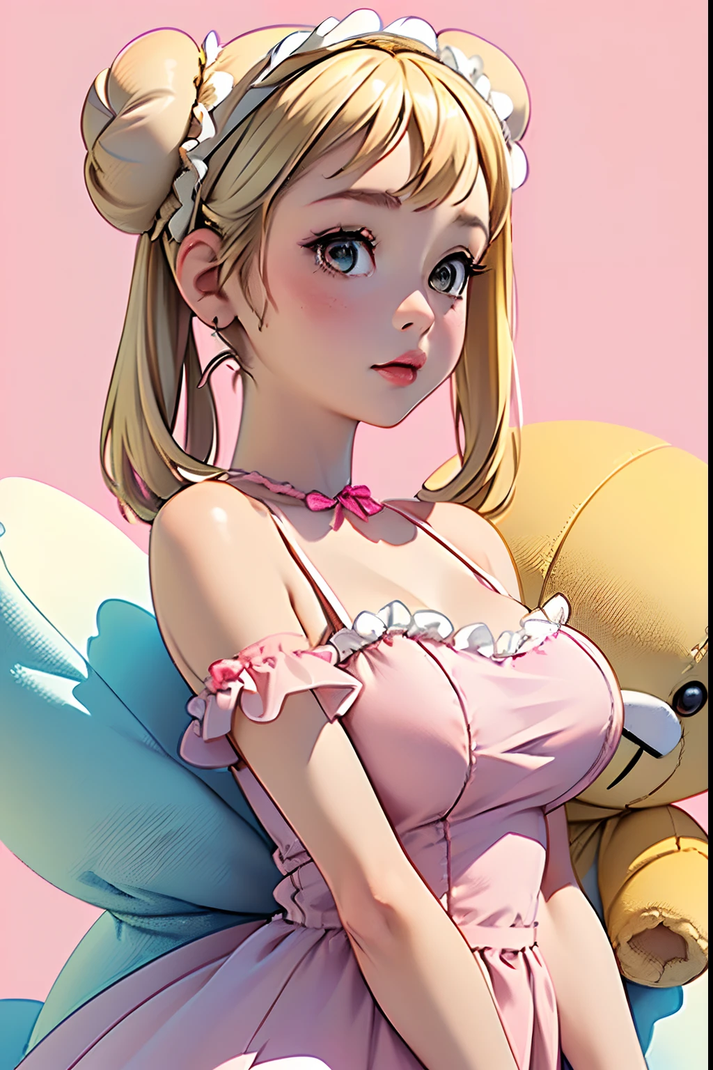 masterpiece, high quality, best quality, beautiful, hd, perfect lighting, detailed face, detailed body, (1 woman), solo, (blonde with two buns on her head:1.4), brown eyes, big breasts, (cute short pink fluffy dress with an open neckline:1.3), (white panties), blush, (bottom view), (against the background of a plush toy store:1.2),blue rose background