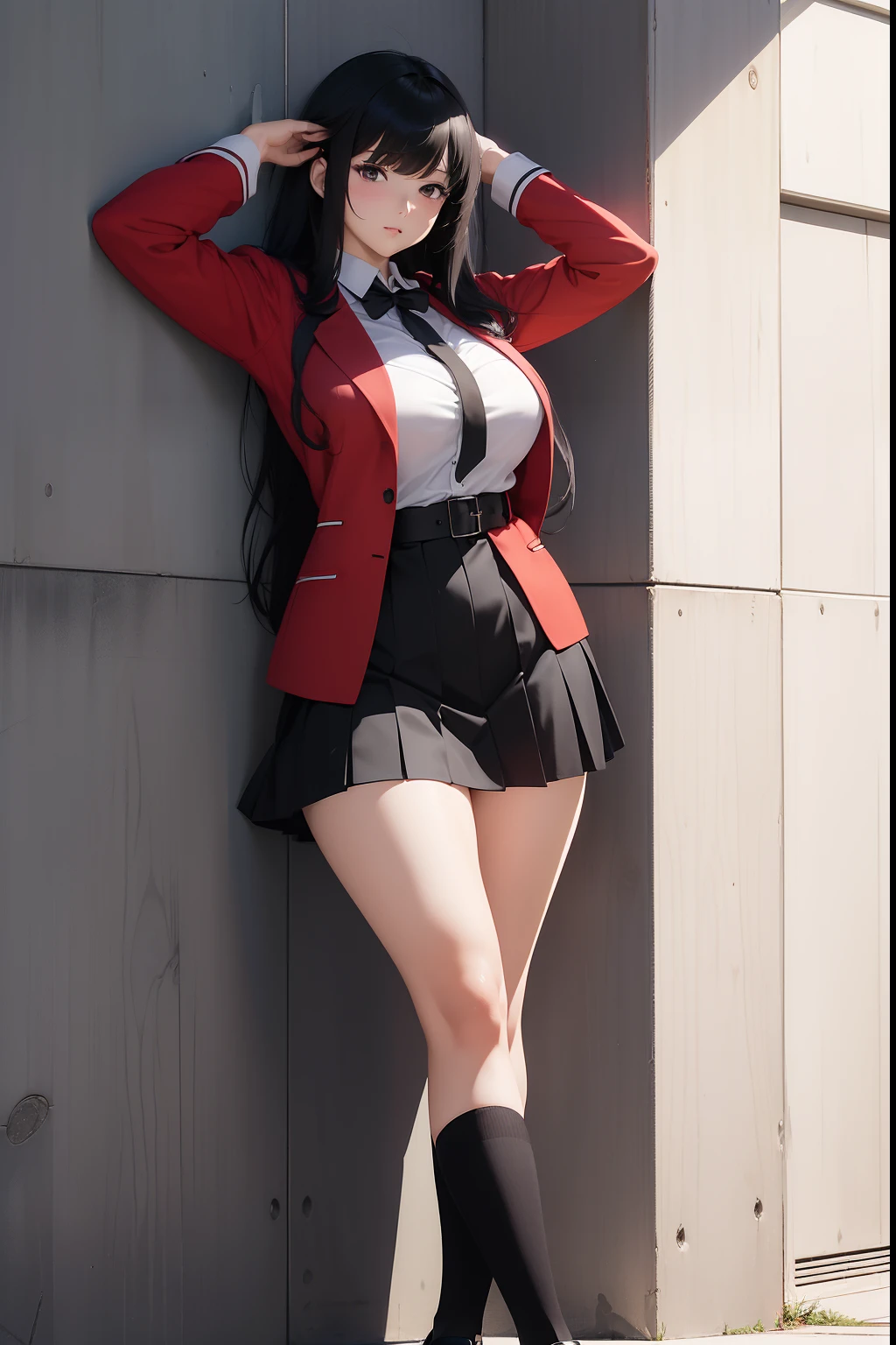 (masterpiece, best quality, ultra-detailed, 8k, wallpaper, photorealistic), (wide shot, full body, from behind), ((leaning on the wall)), beautiful girl, voluptuous body, perfect hands, perfect anatomy, large cleavage, long round legs, round ass, ((sexy anime girl as Yumeko Jabami)), ((wears the standard uniform issued to female students at Hyakkaou Private Academy, a red blazer with black trim lining the cuffs and collar, white button-up dress shirt and black tie, a black and grey checkered mini skirt, black tights, and brown loafers)), ((long thick black hair styled in a hime-cut)), ((wears a silver ring on her left thumb)), ((standing while one hand on his head and one hand on her waist)), ((dynamic background))