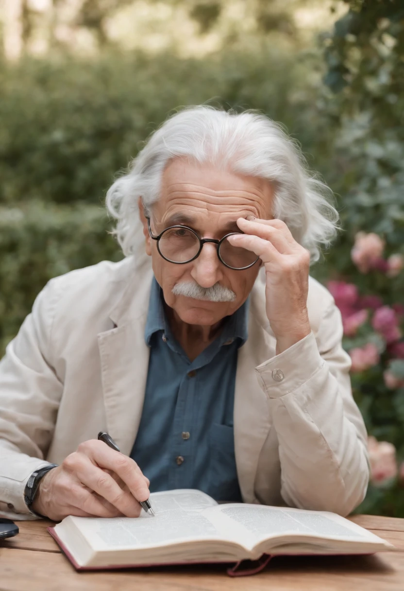 Albert Einstein reading a book, a beautiful flowery garden, with beautiful round glasses, looking at the camera, detailed detailed face, a modern laptop on the table, an old camera on the table, full hd quality