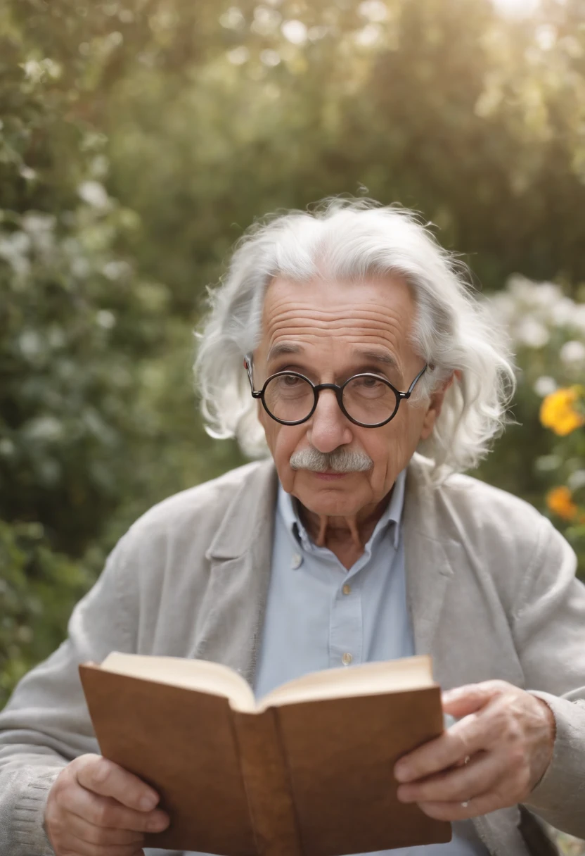 Albert Einstein reading a book, a beautiful flowery garden, with beautiful round glasses, looking at the camera, detailed detailed face, a modern laptop on the table, an old camera on the table, full hd quality