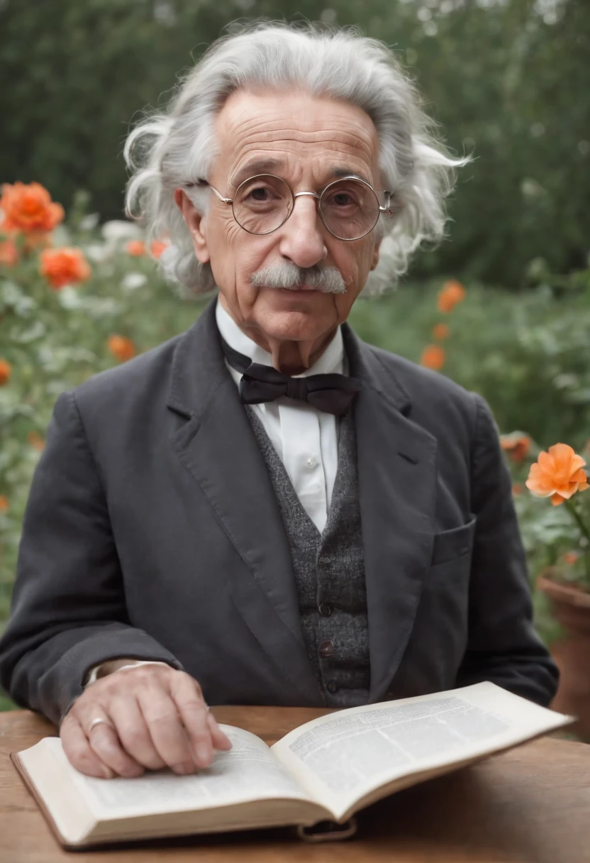 Albert Einstein reading a book, a beautiful flowery garden, with beautiful round glasses, looking at the camera, detailed detailed face, a modern laptop on the table, an old camera on the table, full hd quality