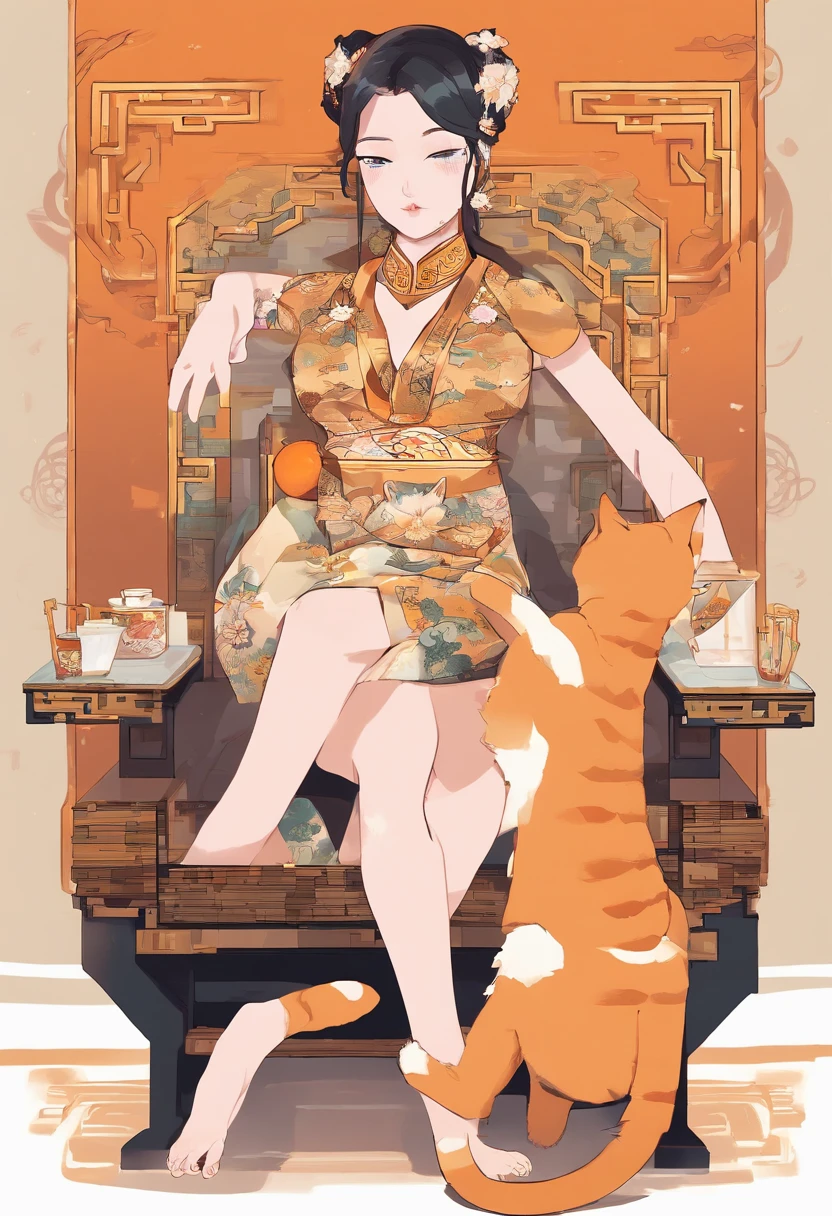 A woman holding an orange cat,Wearing an gold ink-painted cheongsam,The fullness and enchantment of the mature woman are undoubtedly revealed,A well-maintained beautiful face is firm and fair,With light makeup,The temperament is quiet and elegant,semi transparent, gigantic breasts, showing cleavage, full body shot camera angle, lotus tattoo on forehead, sexy body: 1.4, Slim abdomen: 1.2, sitting on chair, gigantic deep cleavage, open shirt,