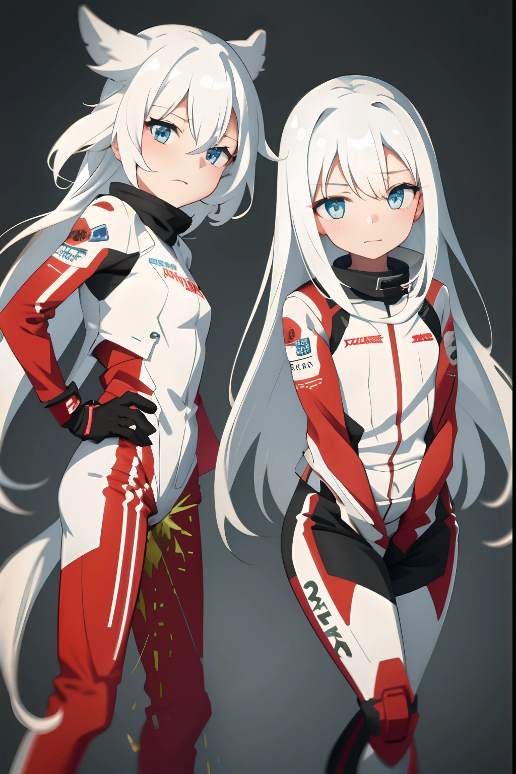 The two girls have no background,Long pure white hair,White skinny racing suit,Be red in the face,pretty eyes(Girl leaking urine),leaked pee