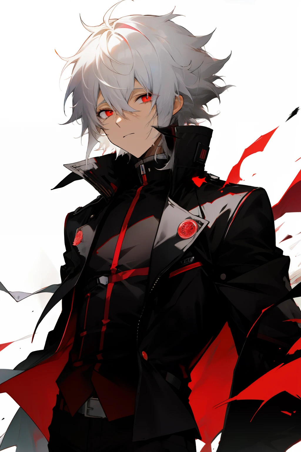 anime, boy, white hair, short hair, red eyes, stylish black jacket, black pants, Messy hair, upper body