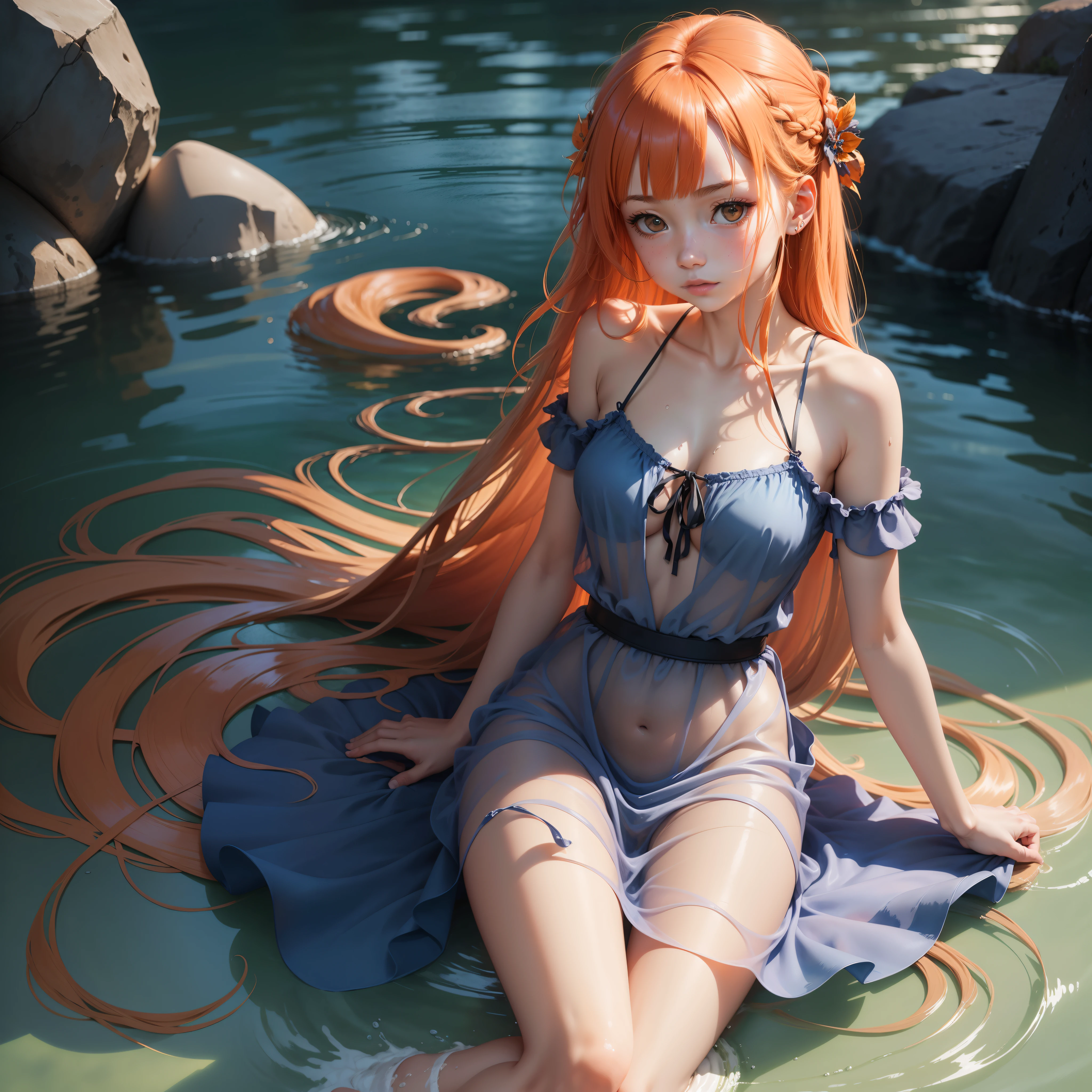 (masutepiece, Best Quality), ((1girl in, Solo, Long hair)), Ishmael_limbus, Innocent expression, Bare arms, Bare shoulders, barechested, watercolor paiting, sundress, liquid clothes, Water, vague, Water Dress, Blue_theme, Night, myst, Dark, Sharp Focus, Sea, See-through dress, Orange hair