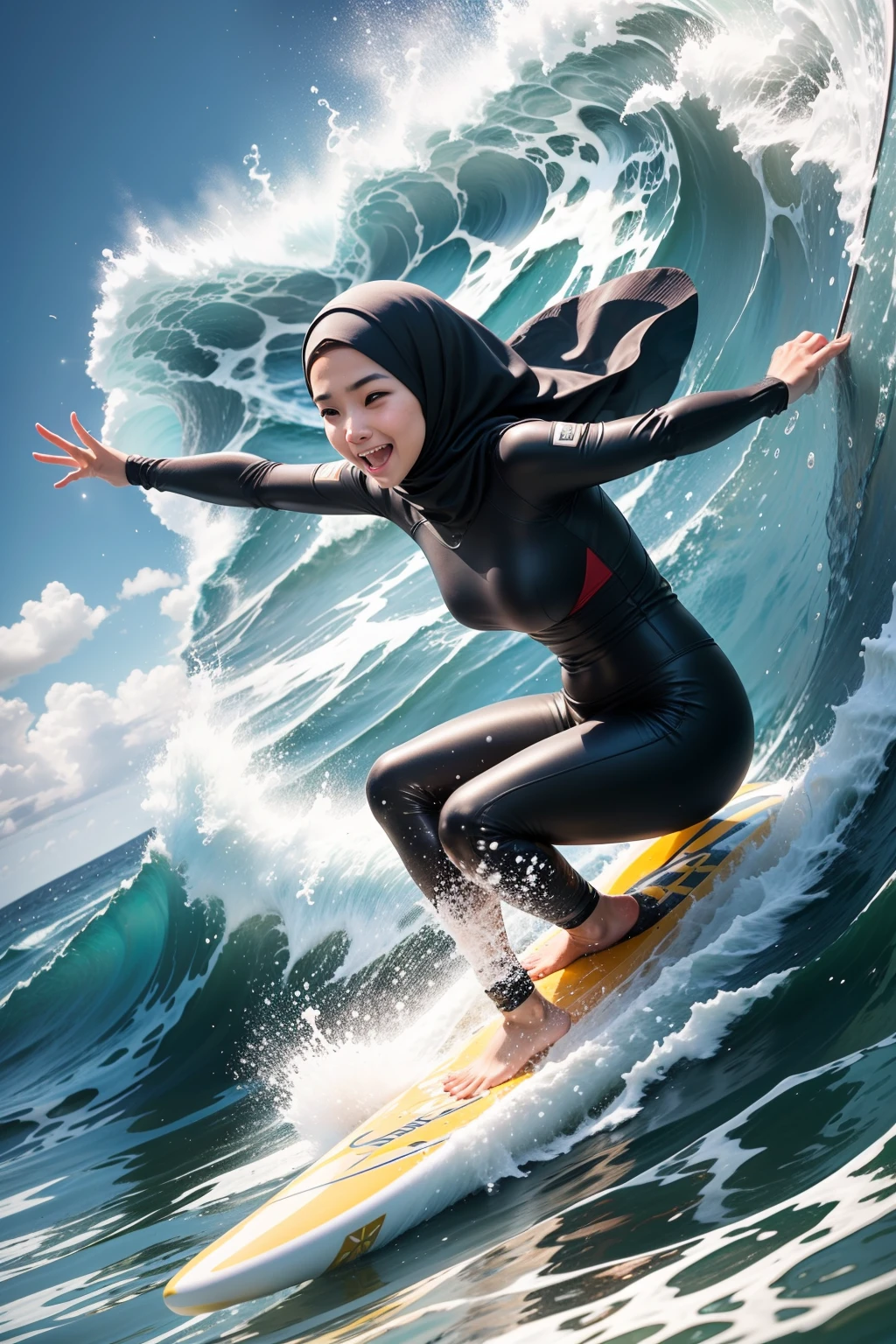 A Malaysian woman (age 40, busty, big butt, hourglass figure, tiny bikini, peach hijab no hair showing), riding a surf board, coast, riding a surf board, show her from head to toe
