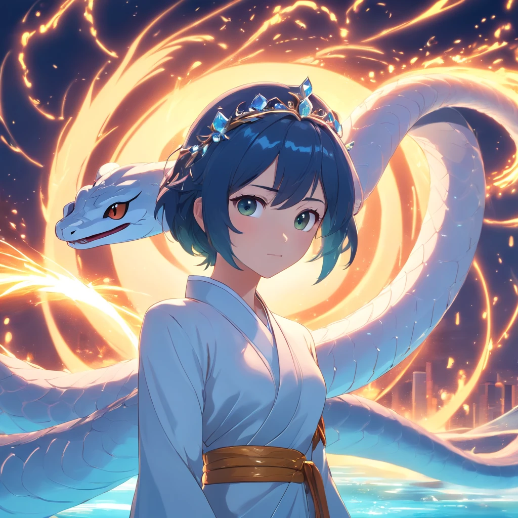 symetrical composition,Epic lighting,Storm special effects,Pixar style super cute anthropomorphic White Snake, wearing hanfu and crystal crown, standing, charming big eyes, lovely tail, standing, surreal, super fine, luxurious, elegant standing, charming big eyes, lovely tail, standing, surreal, super detailed, luxurious, elegant, complex, gorgeous, illusory engine, octane rendering, 8K, VRAY surrealism,