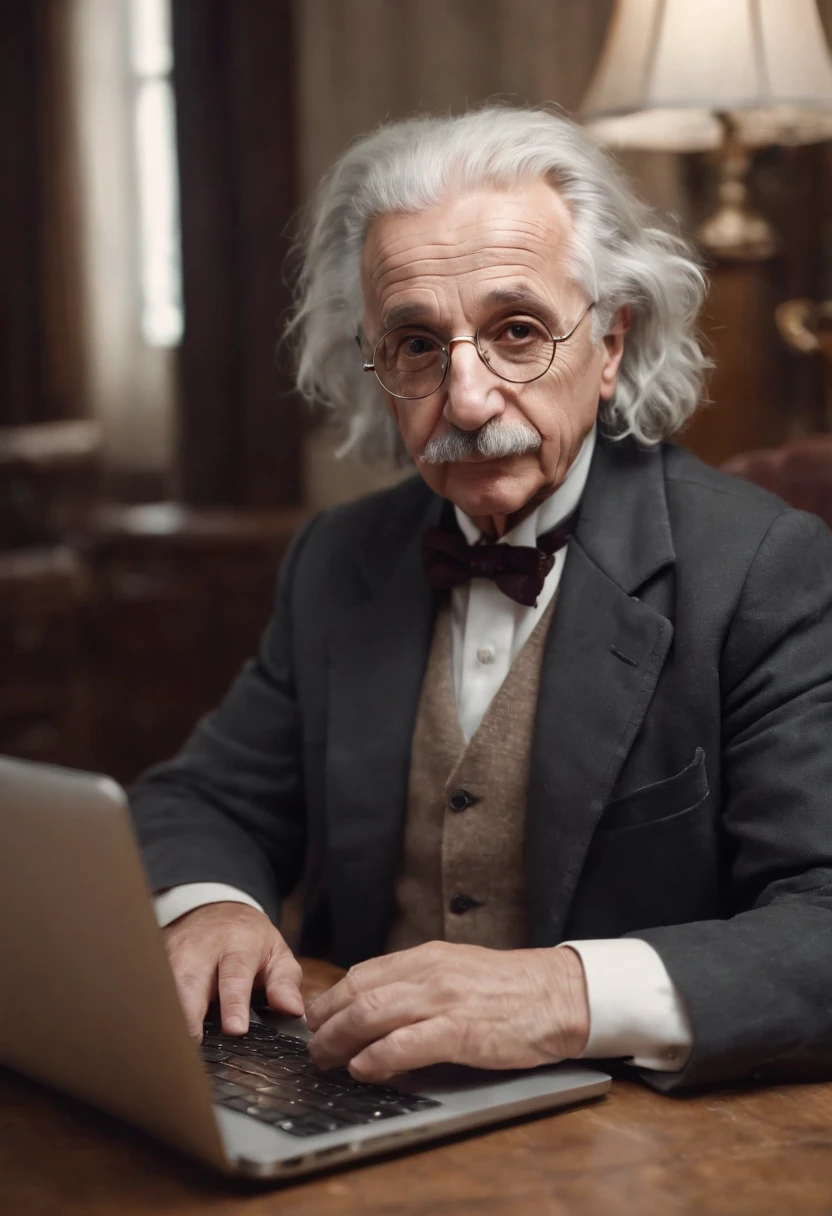 Albert Einstein playing with laptop, in Gamenet, with nice round glasses, looking at the camera, detailed face, old photo camera on the table, full hd quality, shorts and stilettos,