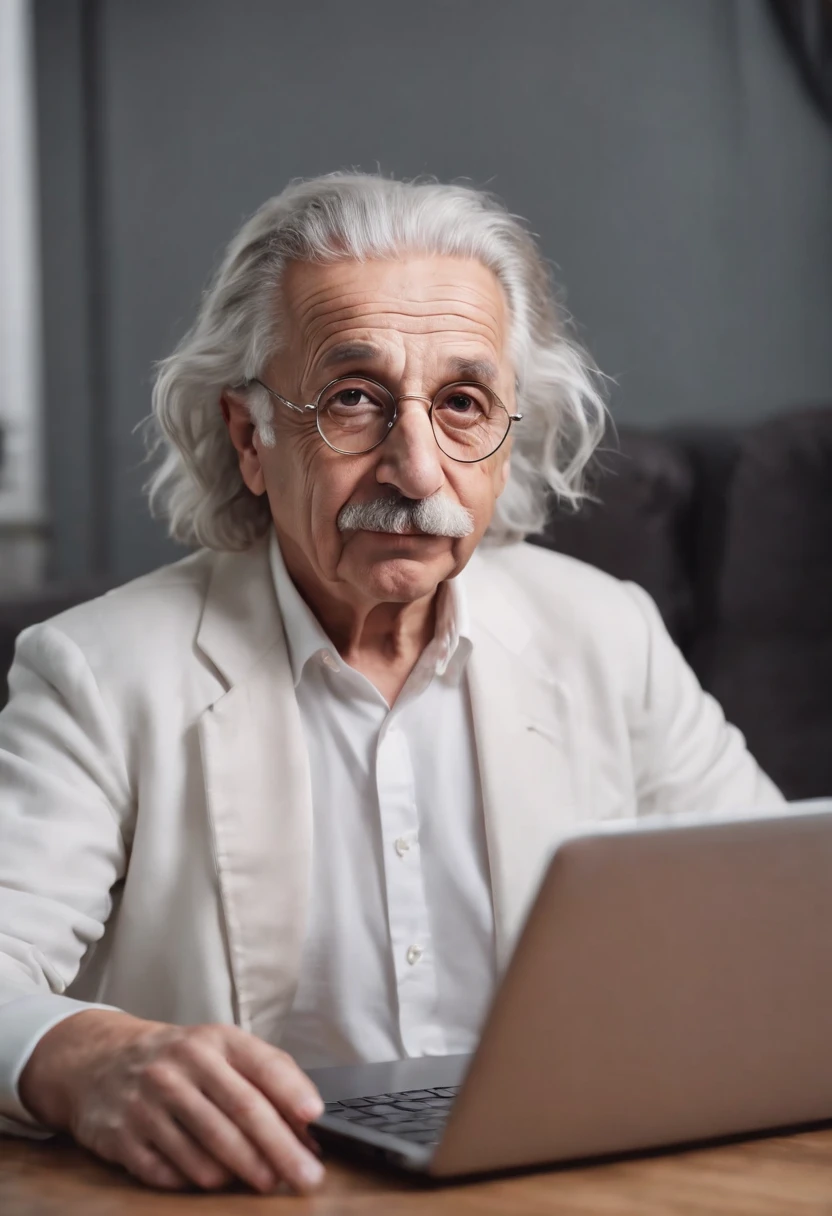 Albert Einstein playing with laptop, in Gamenet, with nice round glasses, looking at the camera, detailed face, old photo camera on the table, full hd quality, shorts and stilettos,