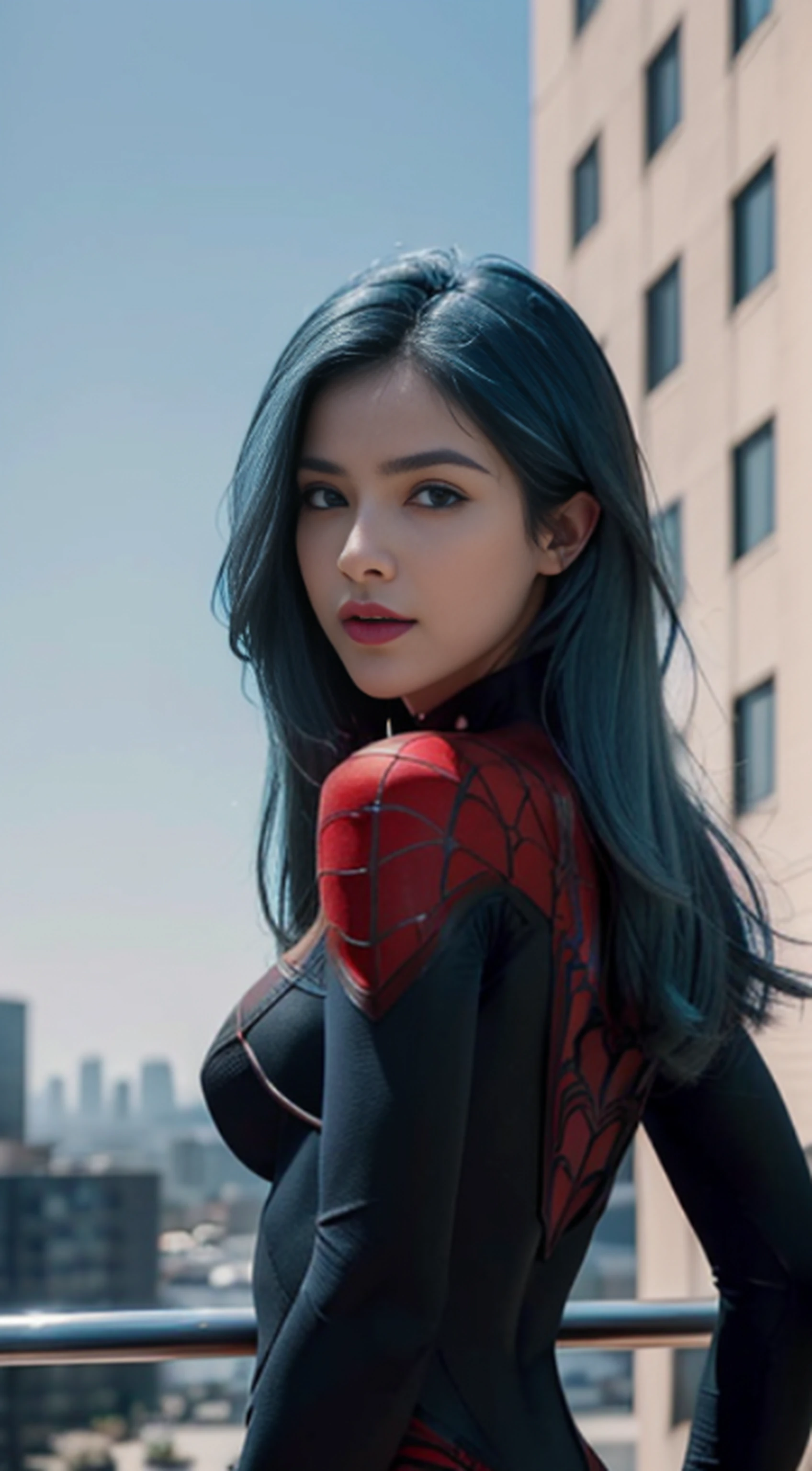 8K, Top Quality, Intricate Details, Ultra Detail, Ultra High Resolution, Masterpiece, random angle, Slender, Smile, (Makeup: 0.4), (Fluffy Blue Eyes: 1.21), blue Eyes, looking at viewer, ((full body)), 1girl, solo, 1 girl, (( full body)), close up shot, looking back, ((tall)), (((fit body))), (((slim face))), sharp face, sharp eyes, (((sky blue hair, long hair, )) (detailed face), sharp face, small lips half open lips, pureerosfaceace_v1, mouth cover,
((full black spiderman suit, )), detailed face, detailed breast, detail ass, round ass, Beautiful girl with accentuated slender abs: 1.4, Six Pack Abs: 1.4, Bust Botox, Big, Perfect Body, detail leg, sunlight, on top of building