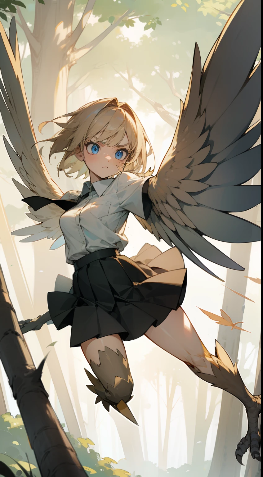 1girl,solo,20s,serious face, white shirt,black skirt,medium tits,light blonde hair,short hair,blue eyes,harpy,light blonde wings,claws,flying, no arms, florest background,attacking