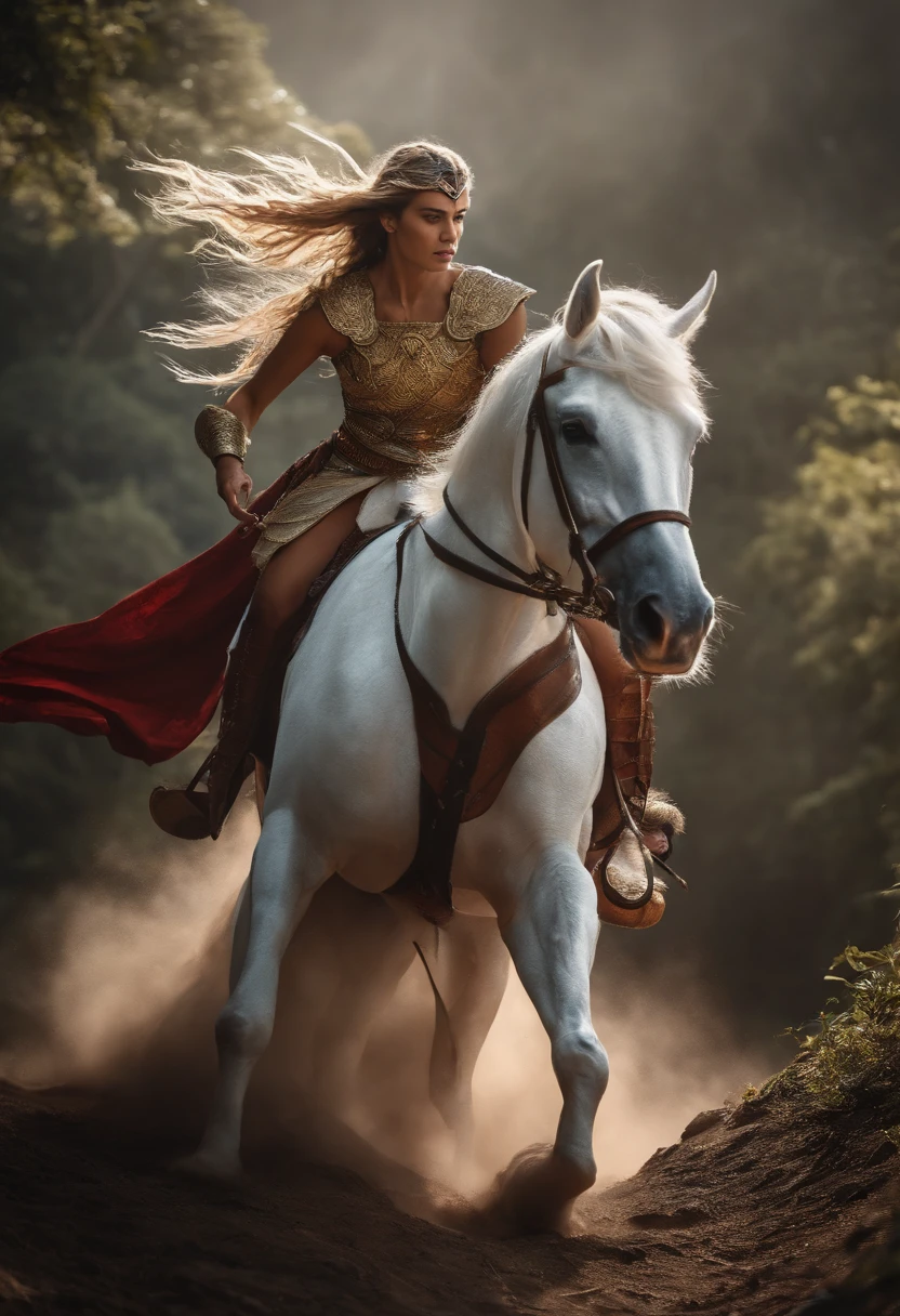 guerreiro em seu cavalo branco, Fighting the Dragon, epics, 8k