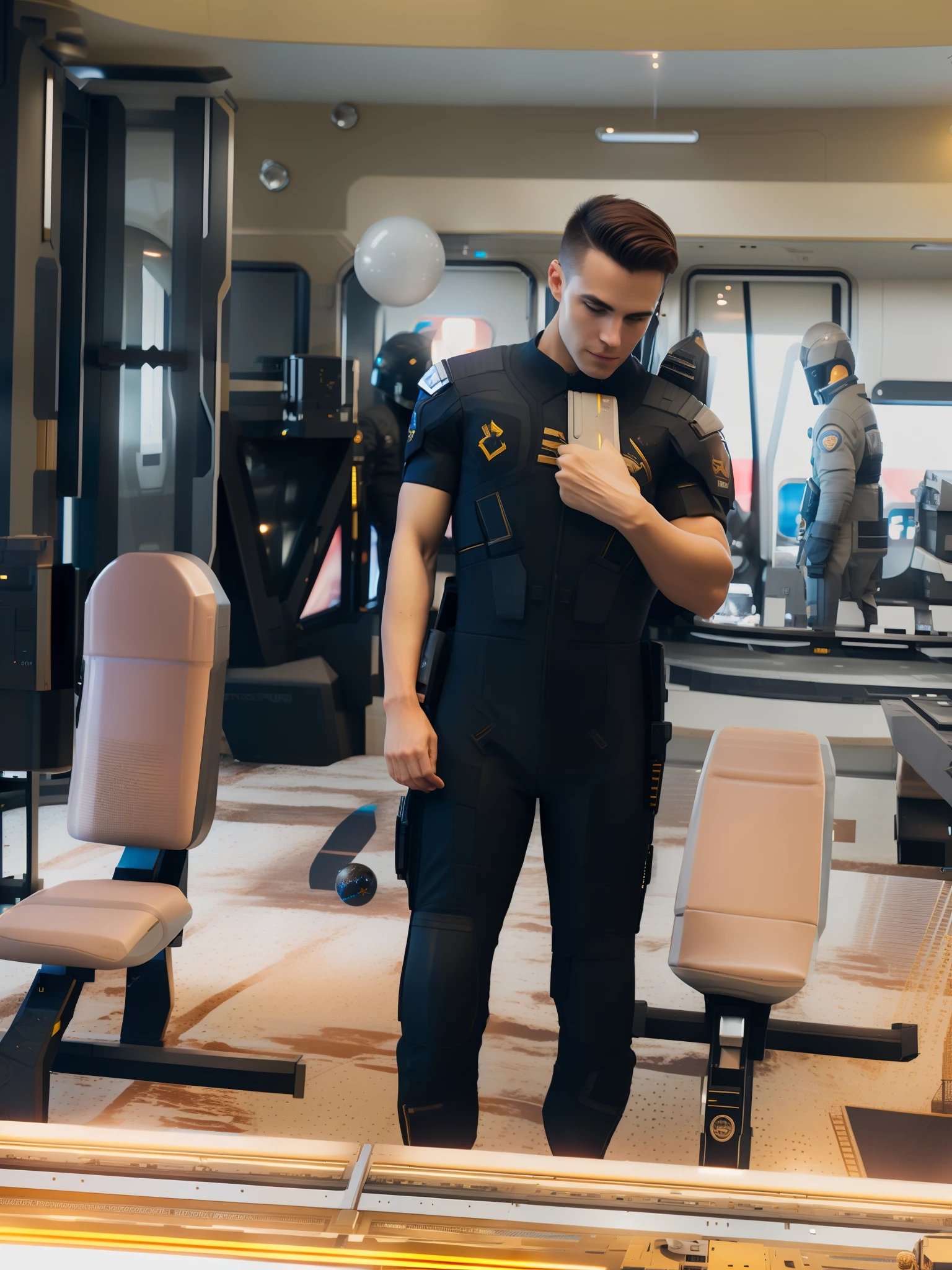 fking_scifi, award-winning photo of a man, black flight suit with yellow accents, brown hair, (gray eyes:1.35), square jawline, asymmetric face, standing in front of a window on a space ship, 80mm, bokeh, mass effect, close up, fking_cinema_v2