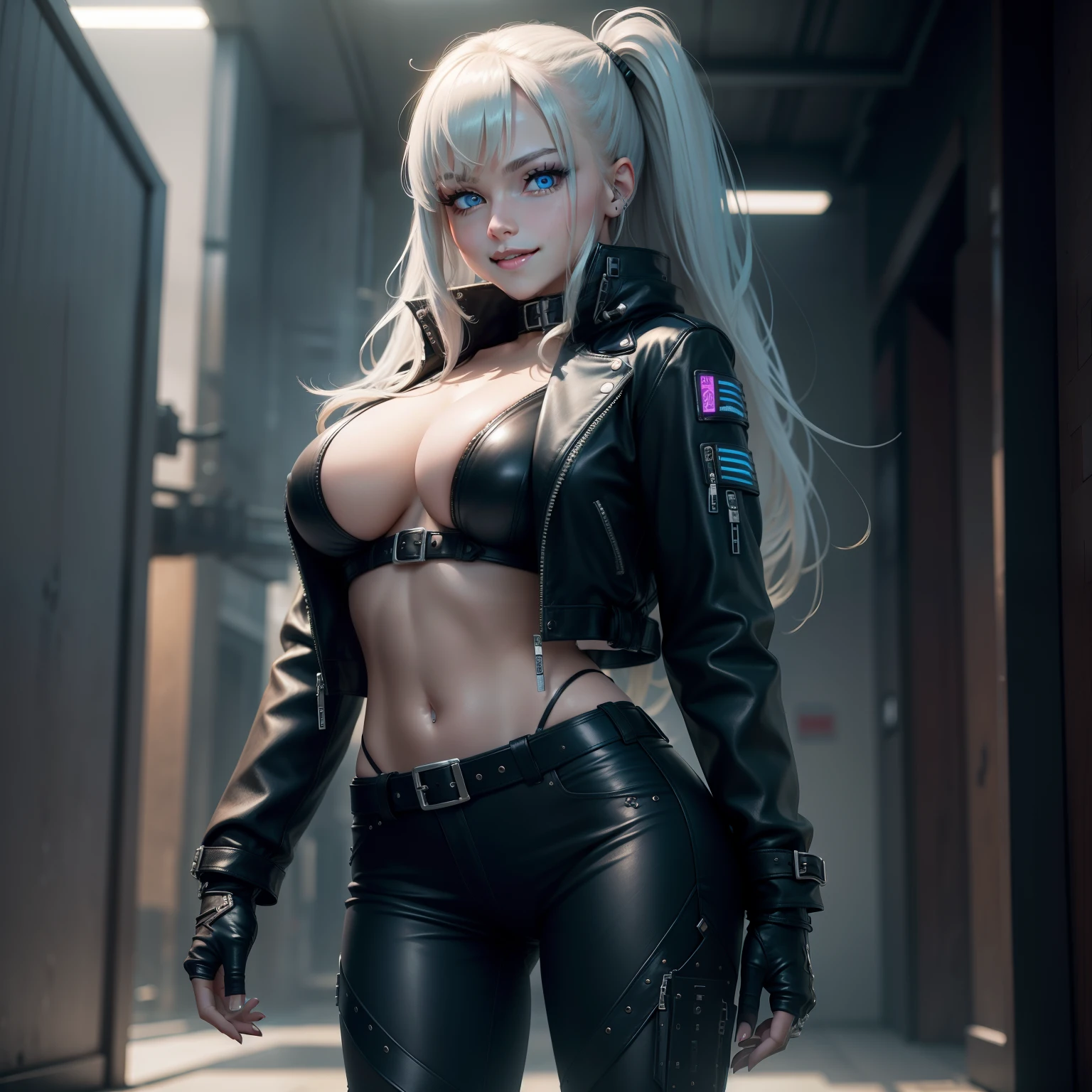 wearing leather jacket　cyberpunked、girl with　A smile、、beautiful a girl、top-quality、​masterpiece、high-definition picture、Colossal tits、hyperdetailed face、blue eyess、Leather pants、a beauty girl、real looking skin、Beautie