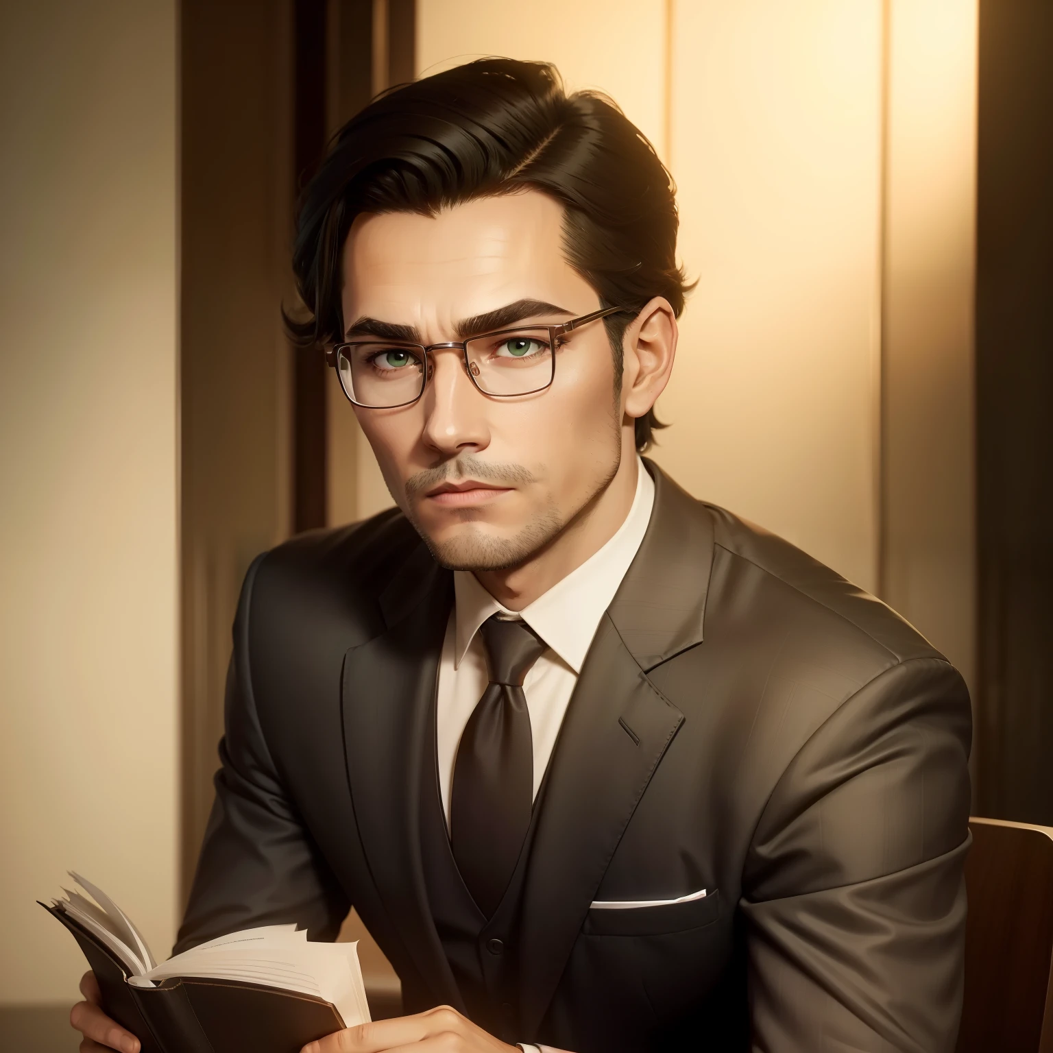 Appropriate attire for lawyer job, like suit and vest. Courthouse office setting. ((Trimmed and neat hair.)) Dark brown hair with grey edges. Trimmed stubble. Pine-green eyes  Reading glasses. Beige skin tone and faintly scarred. Tall and intimidating. ((1 man))