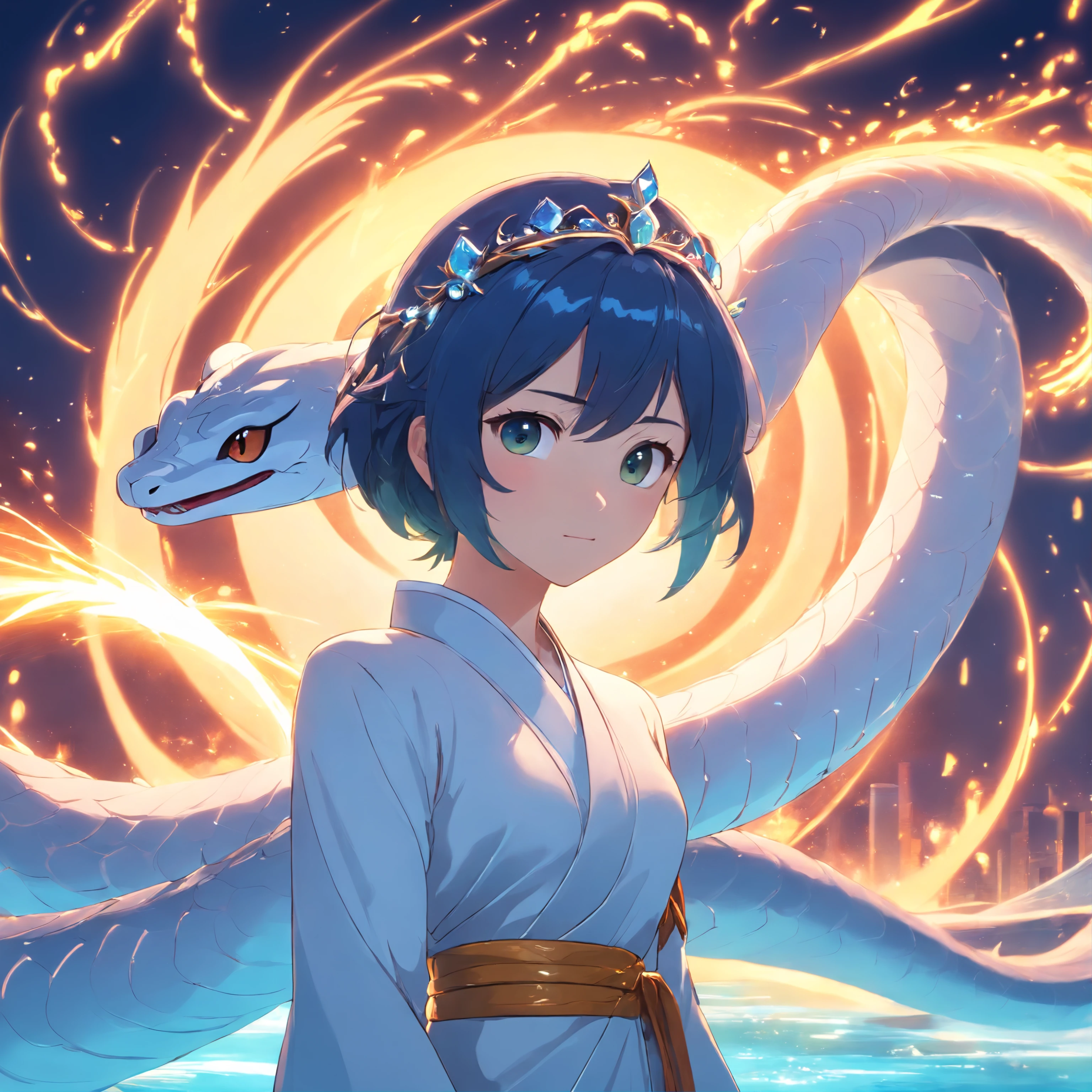 symetrical composition,Epic lighting,Storm special effects,Pixar style super cute anthropomorphic White Snake, wearing hanfu and crystal crown, standing, charming big eyes, lovely tail, standing, surreal, super fine, luxurious, elegant standing, charming big eyes, lovely tail, standing, surreal, super detailed, luxurious, elegant, complex, gorgeous, illusory engine, octane rendering, 8K, VRAY surrealism,