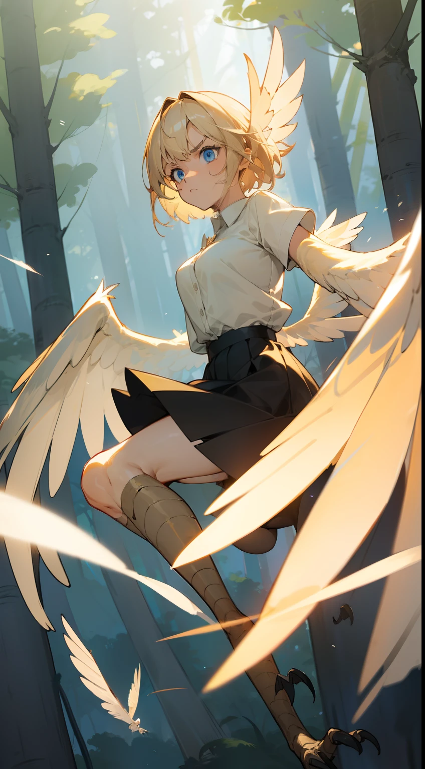 1girl,solo,serious face,white shirt,black skirt,medium tits,light blonde hair,short hair,blue eyes,harpy,(((light blonde wings))),claws,no arms,attacking(((flying in a forest burning)))