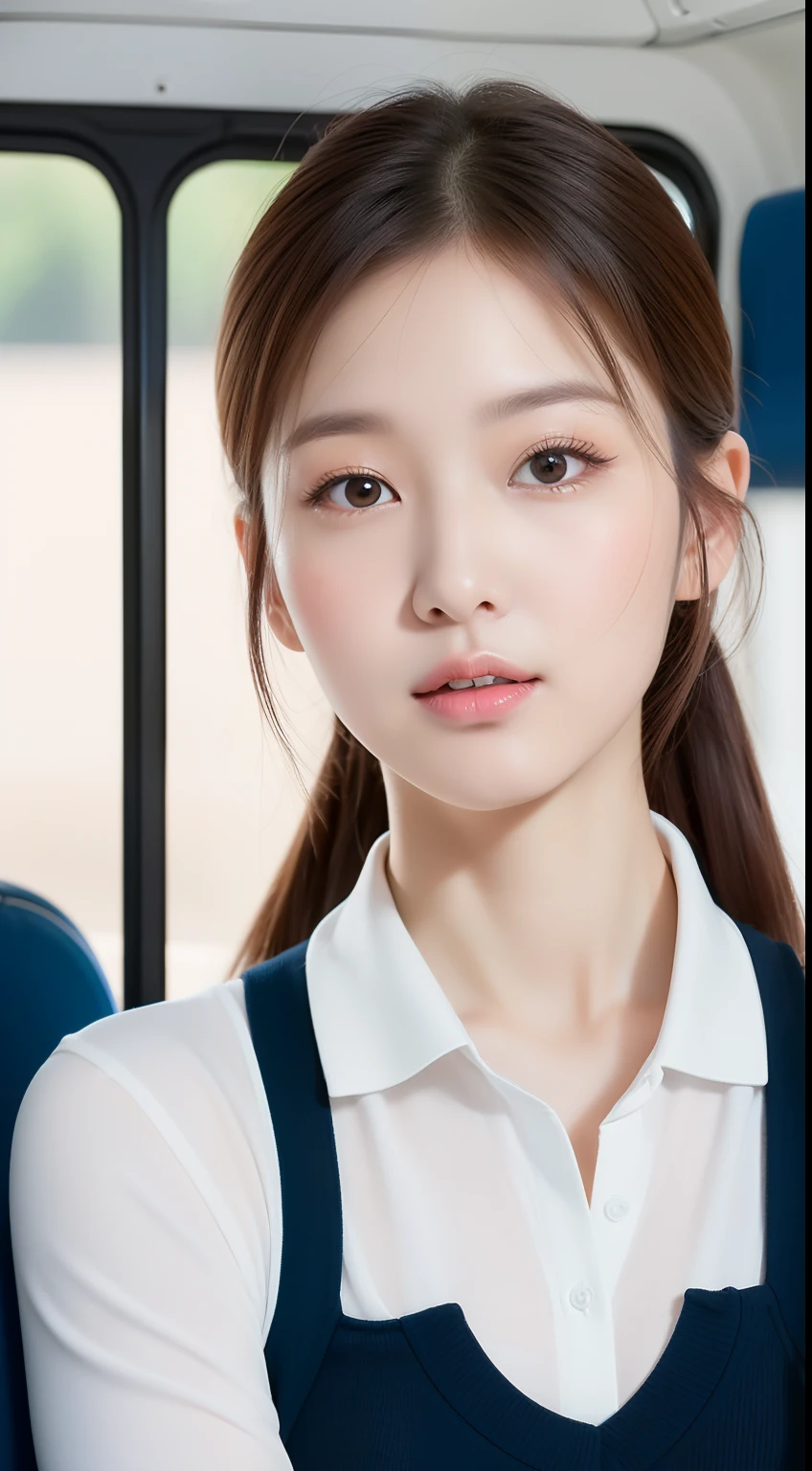 realistic photos of 1 cute Korean star, short ponytail, white skin, thin makeup, 32 inch breasts size, wearing polo shirt, in the bus, upper body portrait, UHD