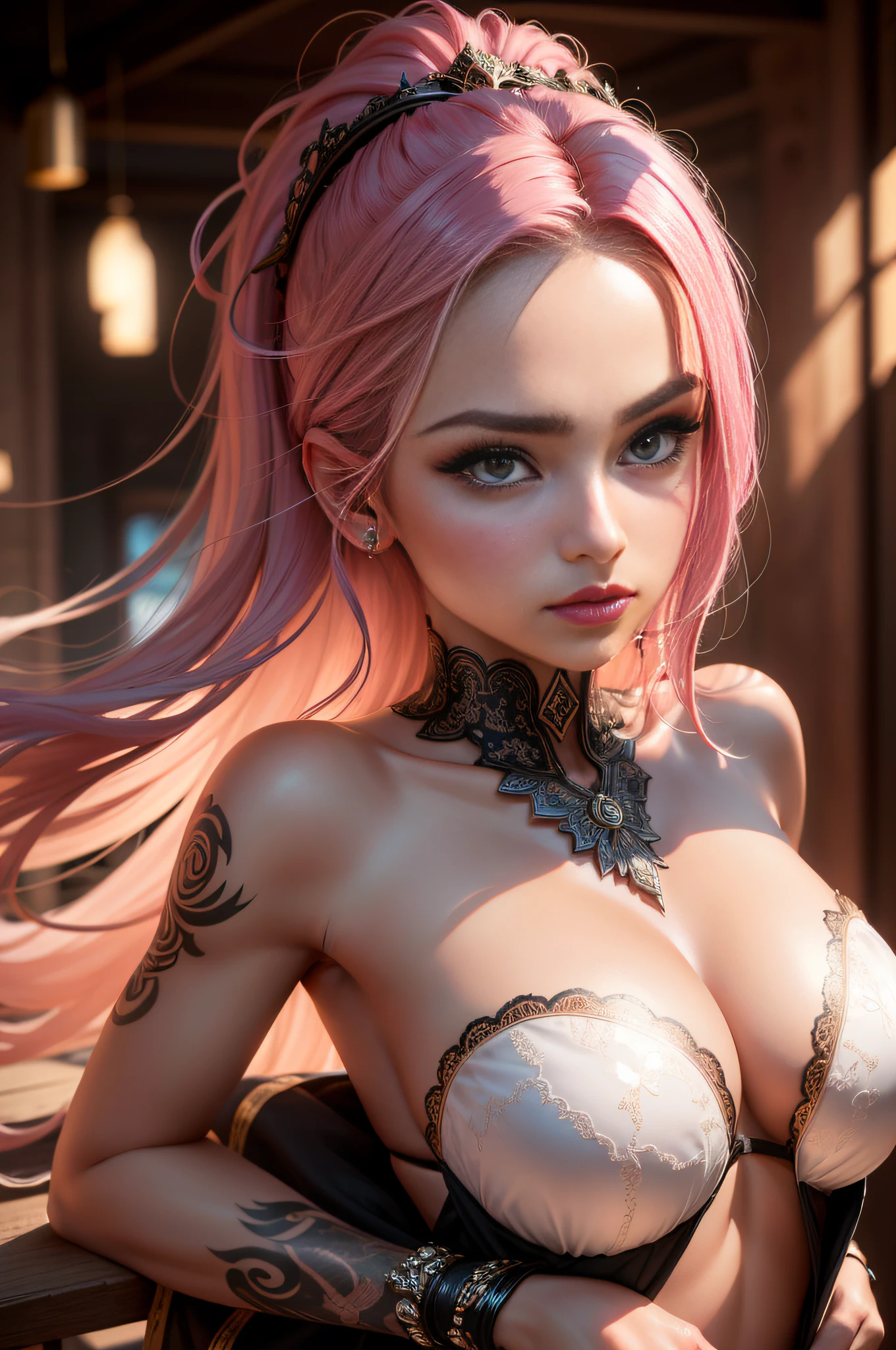ultra high-resolution, master part, best quality, HDR , cinematic picture, Beautiful woman, Rosto em close . muito detalhado , Cabelos castanhos desarrumados, olhar meigo , Detailed lips , sombras muito definidas , jewelries , adornos nos cabelos , oriental tattoo on the arm , sensual , sexy ,
cara muito detalhada , olhos detalhados, extremamente intrincado, peles brilhantes , brilhantes perfeitas, perfect lighting, Detailed lighting, Shadows Dramatic ,ray tracing,
1girl,parte superior do corpo, camisola rosa, olhando para o telespectador, 8k