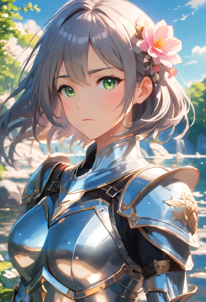 3d animation, chibi character, (masterpiece, best quality),(extremely intricate:1.3), (realistic), 1girl, milf, caucasian, green eyes, perfect eyes, perfect iris, perfect pupils, perfect lips, perfect nose, perfect hands, very detailed hands, perfect fingers, black hair, short hair, straight hair, small braid in her hair, (medieval armor), metal reflections, (((silver armor))), outdoors, far away castle, (ornately decorated armor), (insanely detailed, bloom:1.5), chainmail, intense sunlight, professional photograph of a stunning woman detailed, sharp focus, award winning, cinematic lighting, blurry background, upper body, ((confident)), (Pose:looking at the camera), shadows, contrast, clear blue sky, constellations, peaceful, serene, quiet, tranquil, remote, secluded, adventurous, exploration, escape, independence, survival, resourcefulness, challenge, perseverance, stamina, endurance, observation, intuition, adaptability, creativity, imagination, artistry, inspiration, beauty, awe, wonder, gratitude, appreciation, relaxation, enjoyment, rejuvenation, mindfulness, awareness, connection, harmony, balance, texture, detail, realism, depth, perspective, composition, color, light, shadow, reflection, refraction, tone, contrast, foreground, middle ground, background, naturalistic, figurative, representational, impressionistic, expressionistic, abstract, innovative, experimental, unique