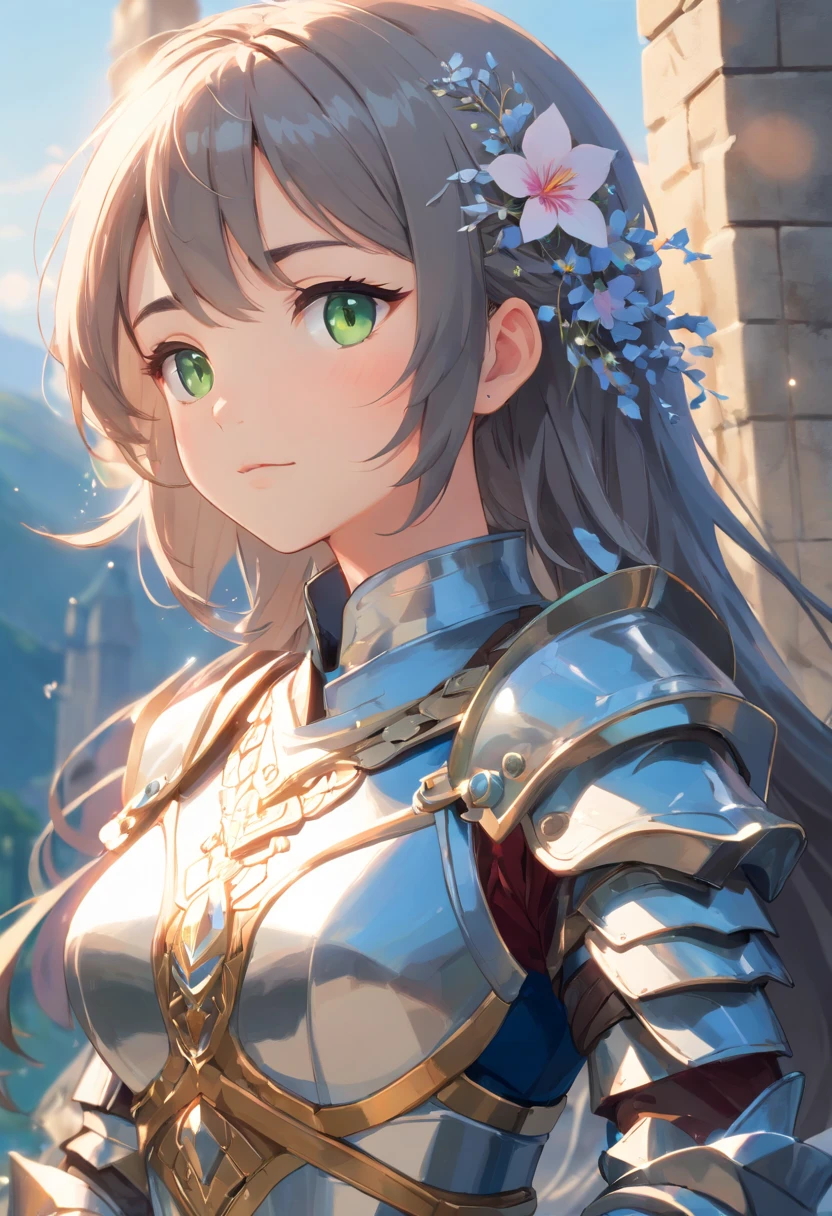 3d animation, chibi character, (masterpiece, best quality),(extremely intricate:1.3), (realistic), 1girl, milf, caucasian, green eyes, perfect eyes, perfect iris, perfect pupils, perfect lips, perfect nose, perfect hands, very detailed hands, perfect fingers, black hair, short hair, straight hair, small braid in her hair, (medieval armor), metal reflections, (((silver armor))), outdoors, far away castle, (ornately decorated armor), (insanely detailed, bloom:1.5), chainmail, intense sunlight, professional photograph of a stunning woman detailed, sharp focus, award winning, cinematic lighting, blurry background, upper body, ((confident)), (Pose:looking at the camera), shadows, contrast, clear blue sky, constellations, peaceful, serene, quiet, tranquil, remote, secluded, adventurous, exploration, escape, independence, survival, resourcefulness, challenge, perseverance, stamina, endurance, observation, intuition, adaptability, creativity, imagination, artistry, inspiration, beauty, awe, wonder, gratitude, appreciation, relaxation, enjoyment, rejuvenation, mindfulness, awareness, connection, harmony, balance, texture, detail, realism, depth, perspective, composition, color, light, shadow, reflection, refraction, tone, contrast, foreground, middle ground, background, naturalistic, figurative, representational, impressionistic, expressionistic, abstract, innovative, experimental, unique