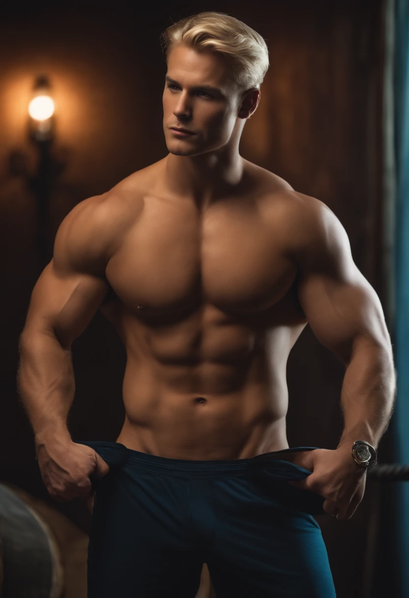 Tall, blond, strong man with a underwear marking his stiff member